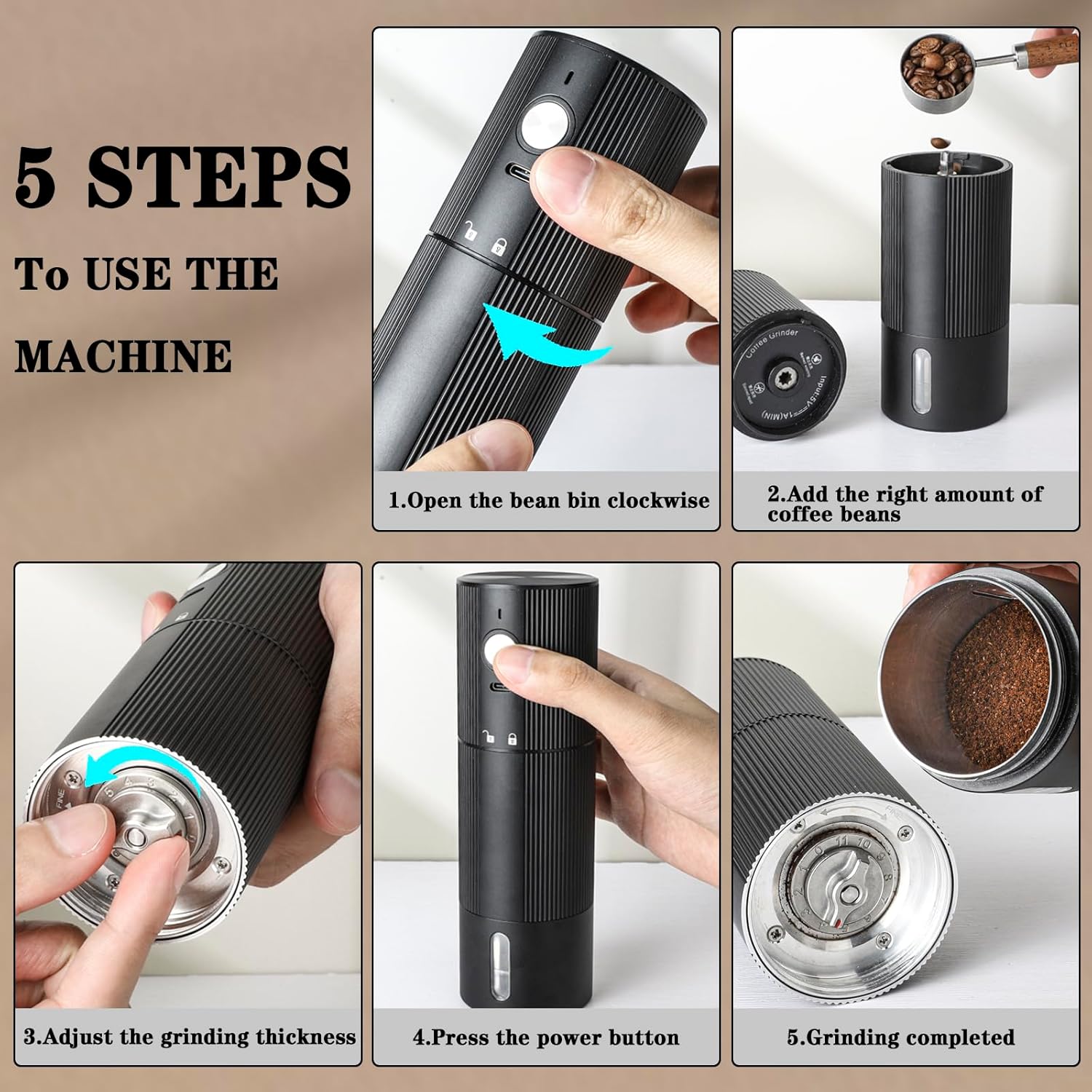 Electric Coffee Grinder Portable Conical Burr Coffee Grinder with 45 Adjustable Settings, Cordless Coffee Burr Grinder for Espresso, Home, Travel, Camping, Office (Black)