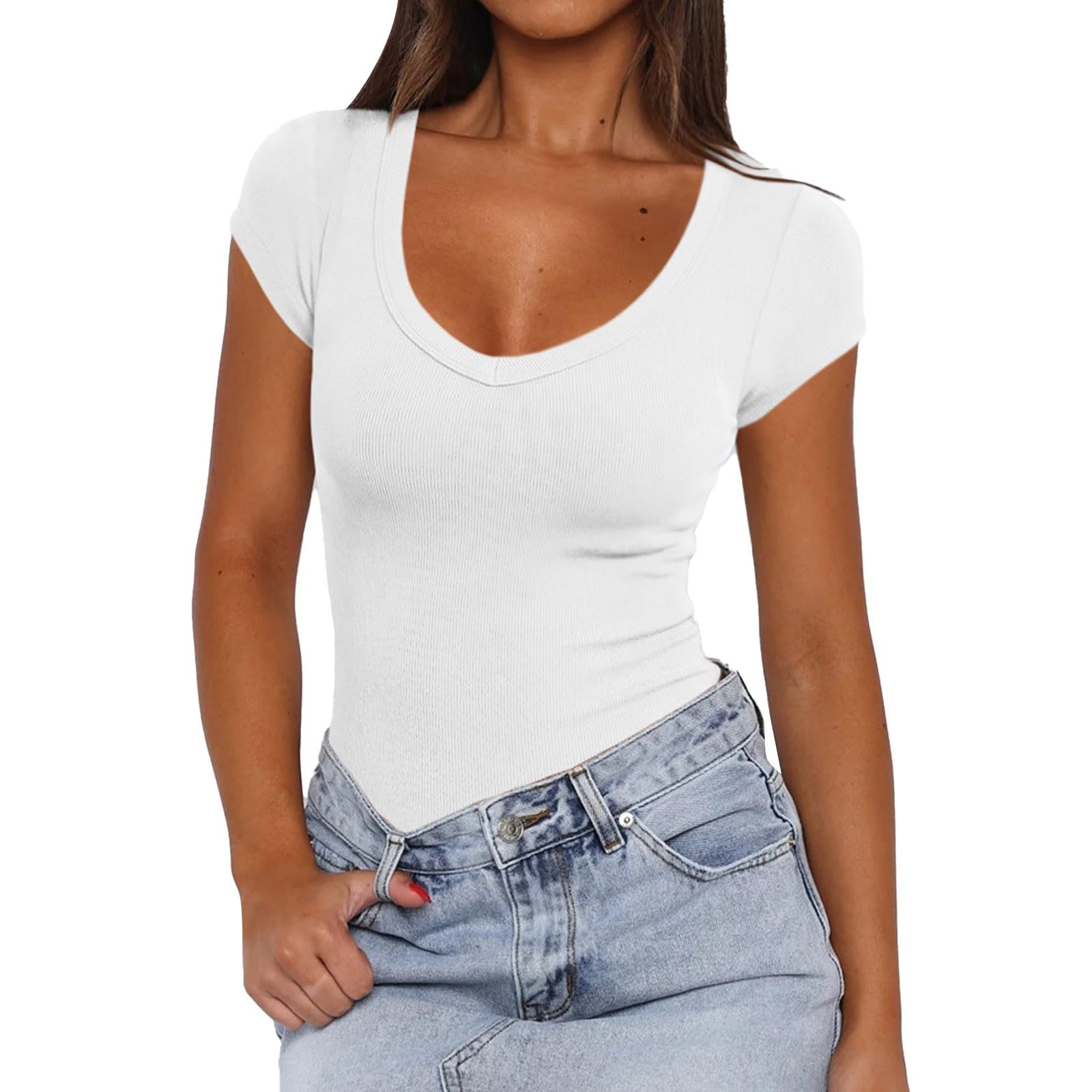YIzdegg Camiseta sexy para mujer, blusa blanca, elegante, básica, cuello de pico, blusa básica, túnica, ligera, blusa de verano, blusa holgada, blusa de muselina para mujer