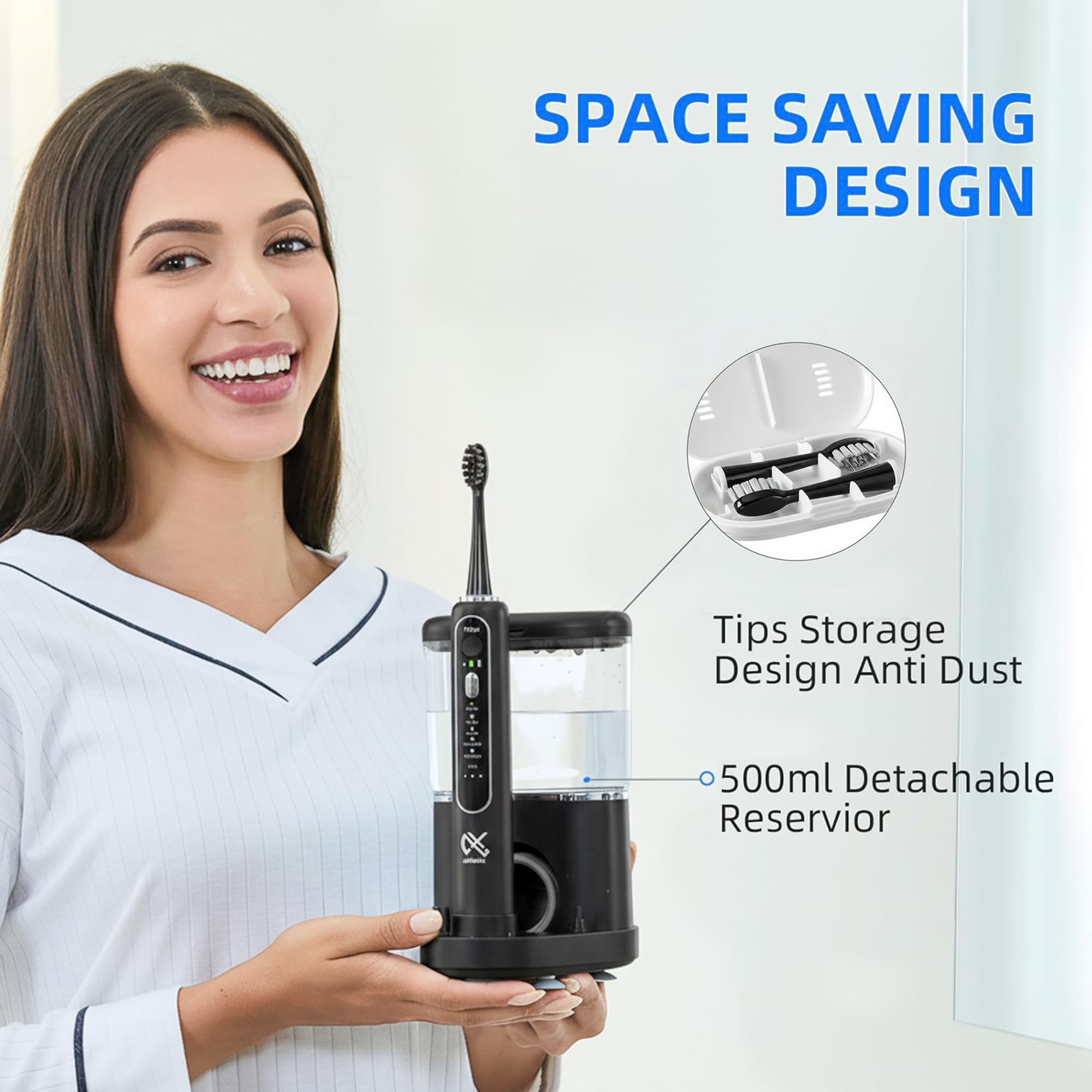 Professionelle elektrische Zahnbürste mit Wasserseide, 2-in-1 elektrische Zahnbürste und Wasserflosser, elektrische Schallzahnbürste, kabellose Zahnseidebürste (schwarz)