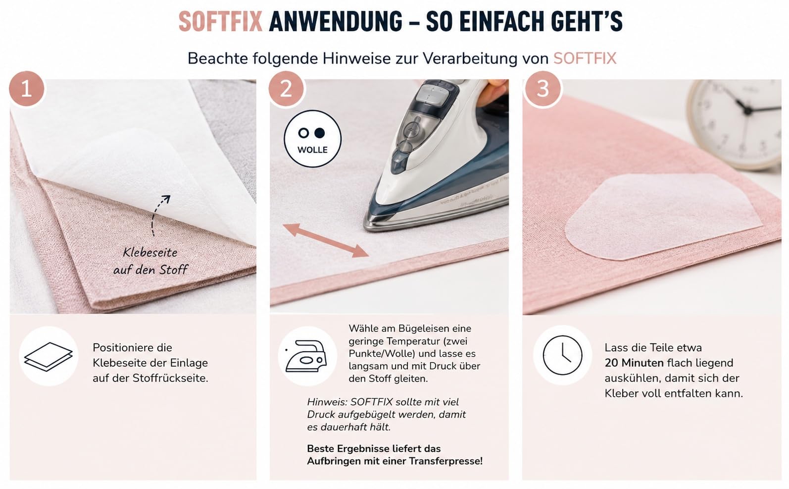 Nähmit SOFTFIX Włóknina do prasowania, szerokość 90 cm – wkładka z włókniny do naprasowywania, nadaje się do prania w temperaturze 40°, typ 250 (10 m x 90 cm)