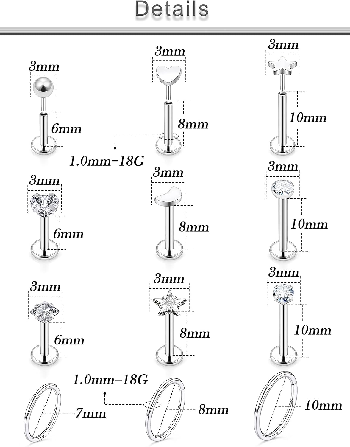 20G 18G 16G Threadless Lip Labret Medusa Monroe Nose Piercing Jewelry Surgical Steel Snake Bites Lip Rings Flat Back Push in Cartilage Tragus Helix Conch Earring Stud 6mm 8mm 10mm Bars - Image 2