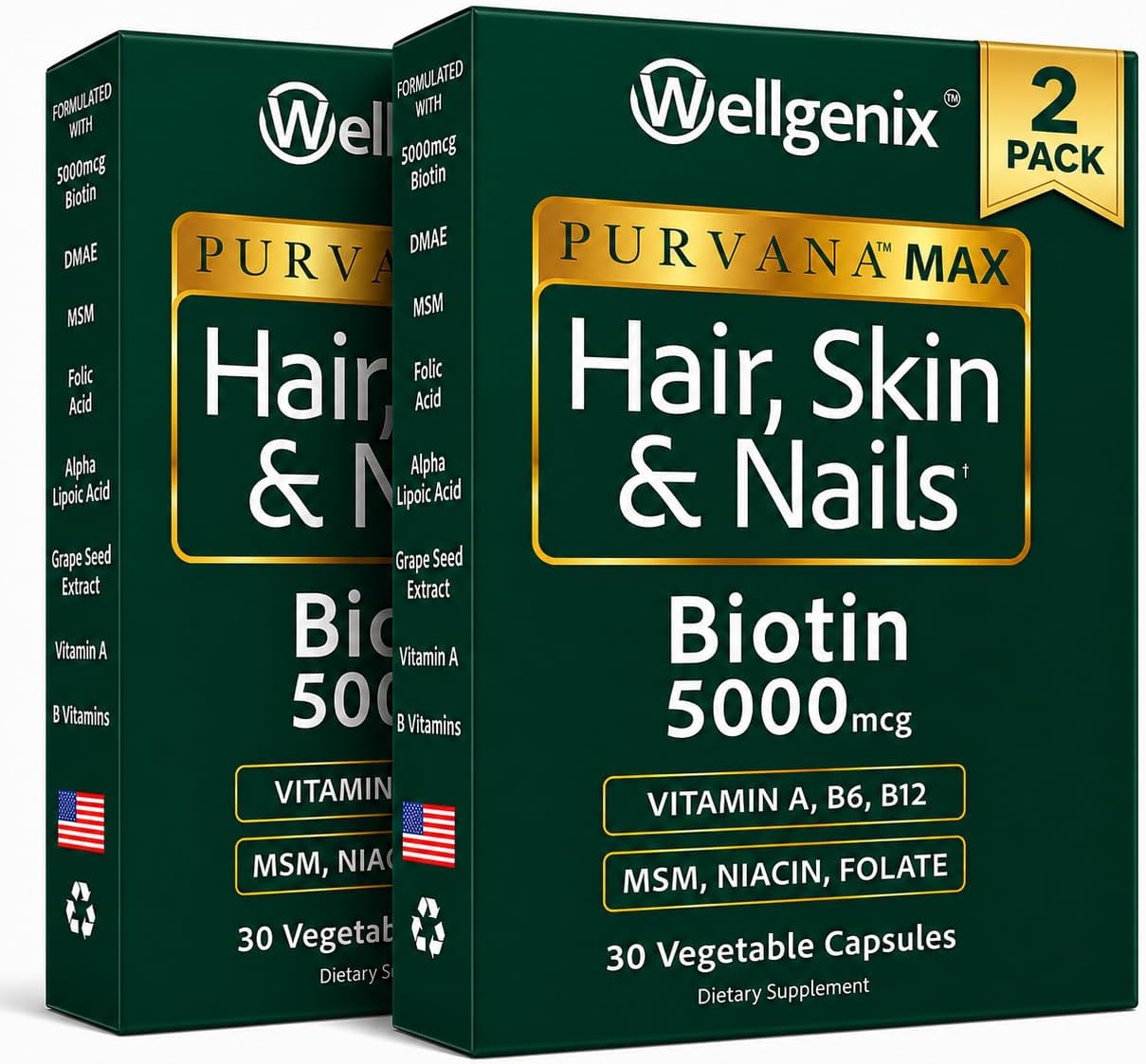 Wellgenix Purvana MAX Hair Skin & Nails Vitamins, Biotin 5000, 60 Ct 2-Pack