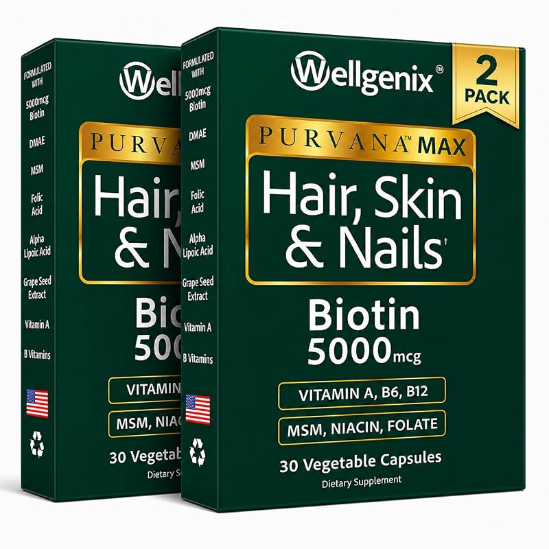 Wellgenix Suplemento para cabelos, pele e unhas com biotina 5000 mcg, pacote com 2 de 60 cápsulas