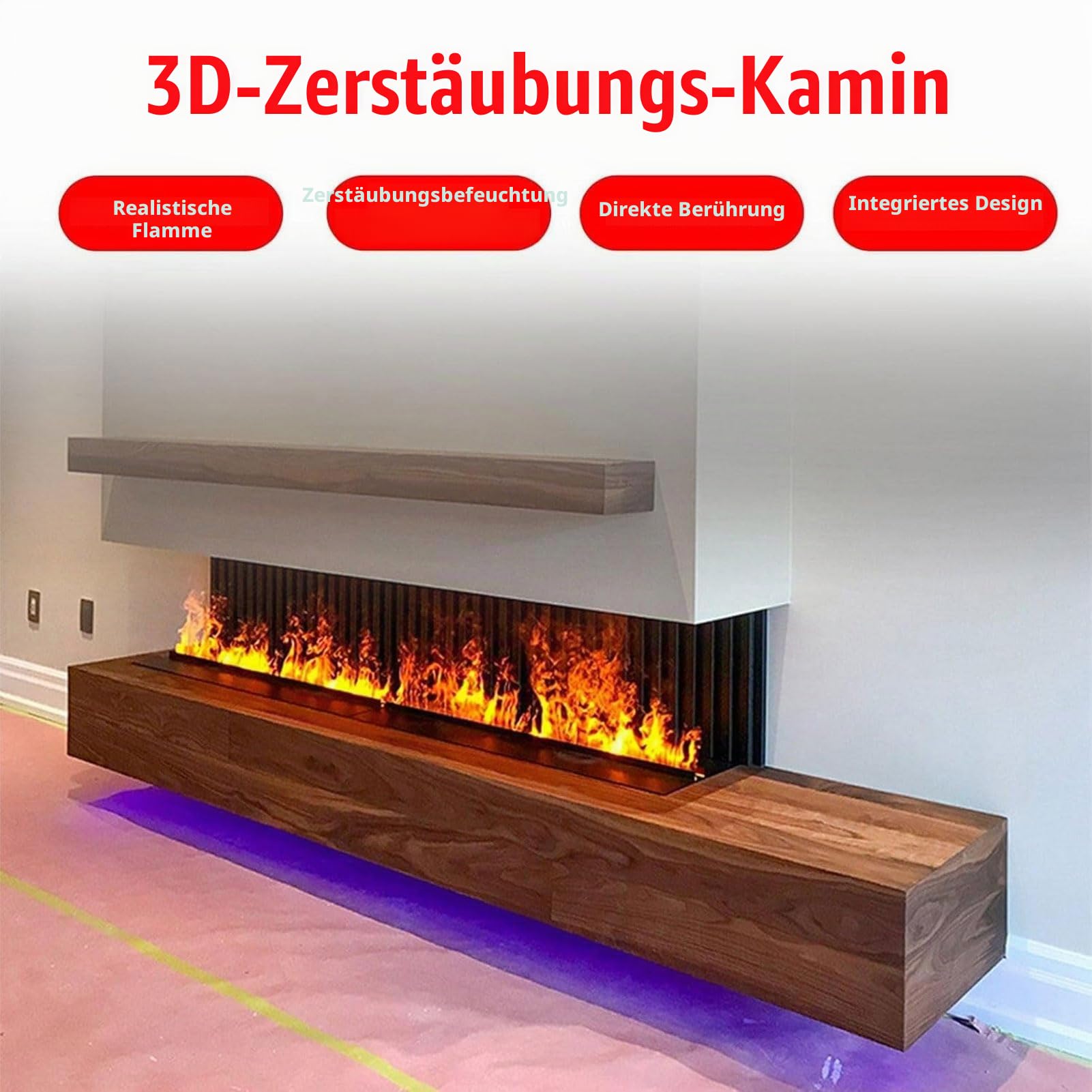 Dekorativer elektrischer Wasserdampf-Kamin-Luftbefeuchter mit 3D-Zerstäubungsflamme, 3 mm ultradünnem Panel, Gebürsteter Edelstahl, ohne Heizung, 50cm/39.3in