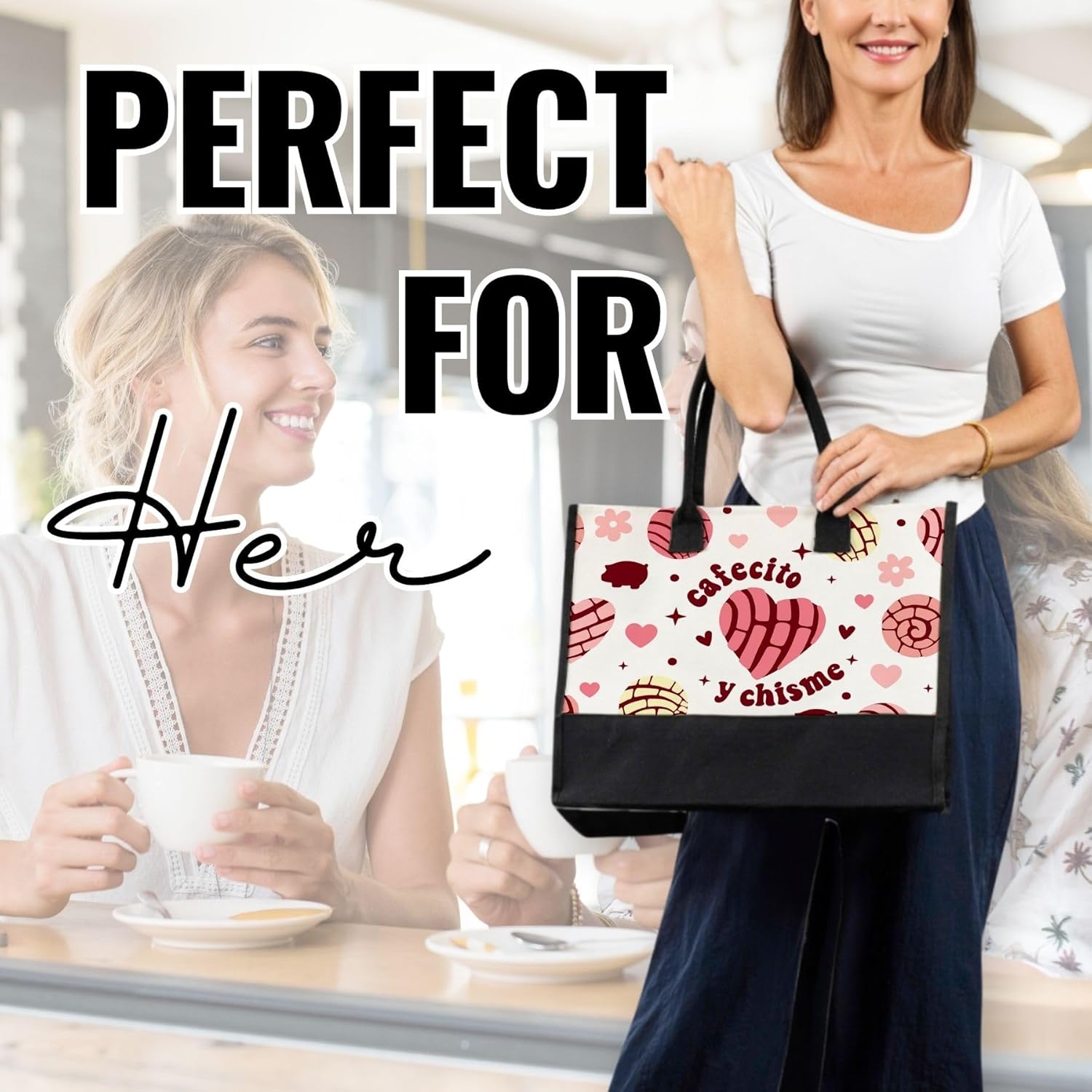 InnoBeta Concha Gifts for Women, Cafecito y Chisme, Canvas Tote Bag for Friends, Coworkers, Bag with Top Zipper Closure and Shoulder Strap for Birthday