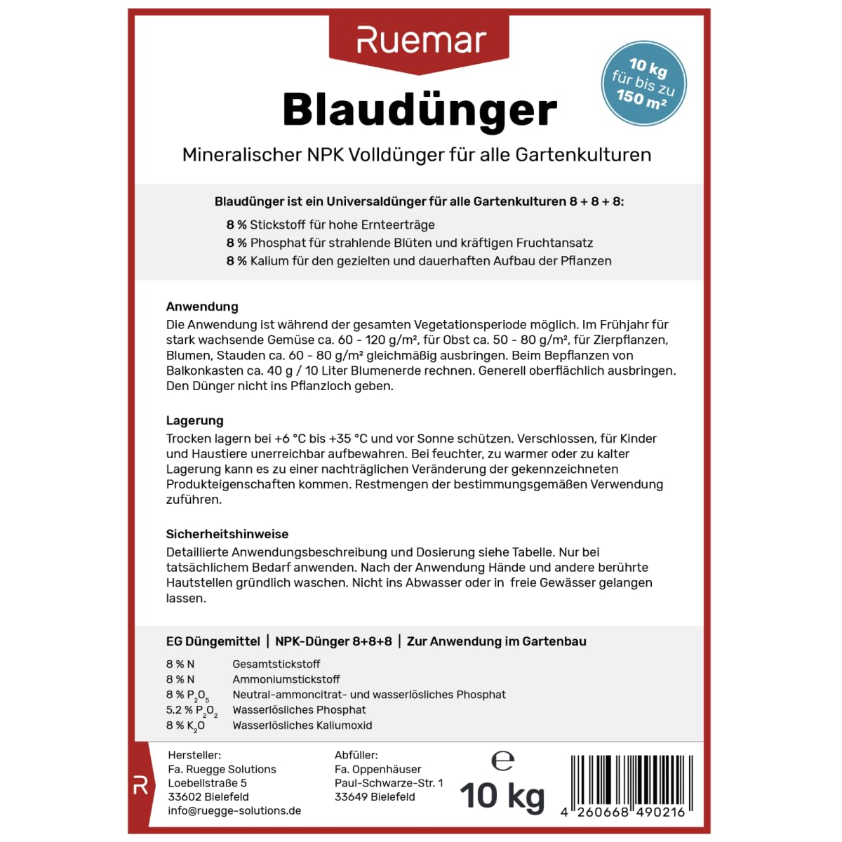 Ruemar Blaudünger NPK Dünger für Pflanzen 25 kg Universal Langzeitdünger Obst und Gemüse Blumen 8 8 8 organischer Pflanzendünger Zimmerpflanzen (2x12,5 kg)