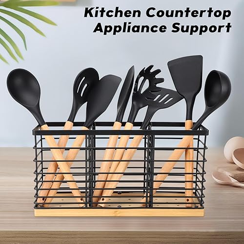 Miniatura 3 de TACGEA Soporte para utensilios de cocina, organizador de utensilios de cocina con base de madera, negro mate (2 compartimentos)