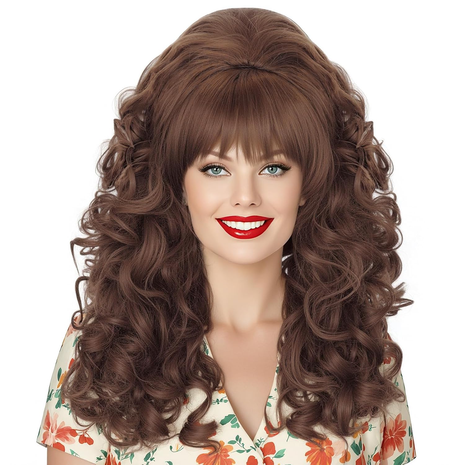 JoneTing 80s 70s 60s Vintage Costume Wig【+Hair Cap】 Long Black Curly Wig with Bangs for Women 60s 70s 80s Queen Cosplay Costume Wigs for Halloween Party Outfit