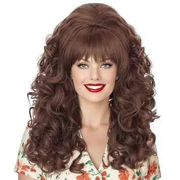 JoneTing 22inches 80s 70s 60s Vintage Costume Wig Long Brown Curly Wig with Bangs for Women 60s 70s 80s Queen Cosplay Browned Costume Wigs for Halloween Party Outfit+Hair Cap