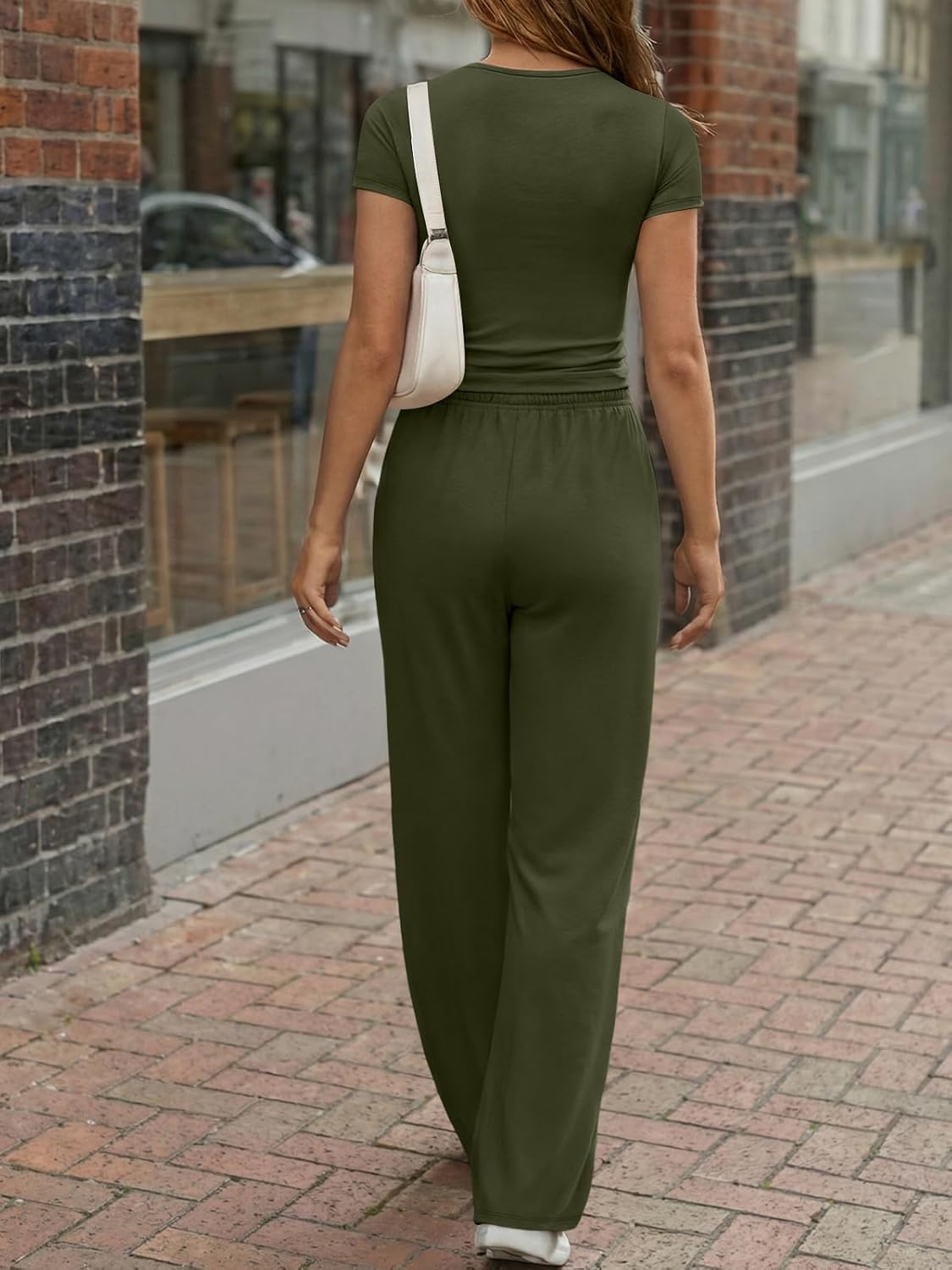 Trendy Queen Women's 2 Piece Matching Lounge Sets Summer Henley Neck Slightly Crop Top Wide Leg Pants Casual Sweat Suit - Image 4