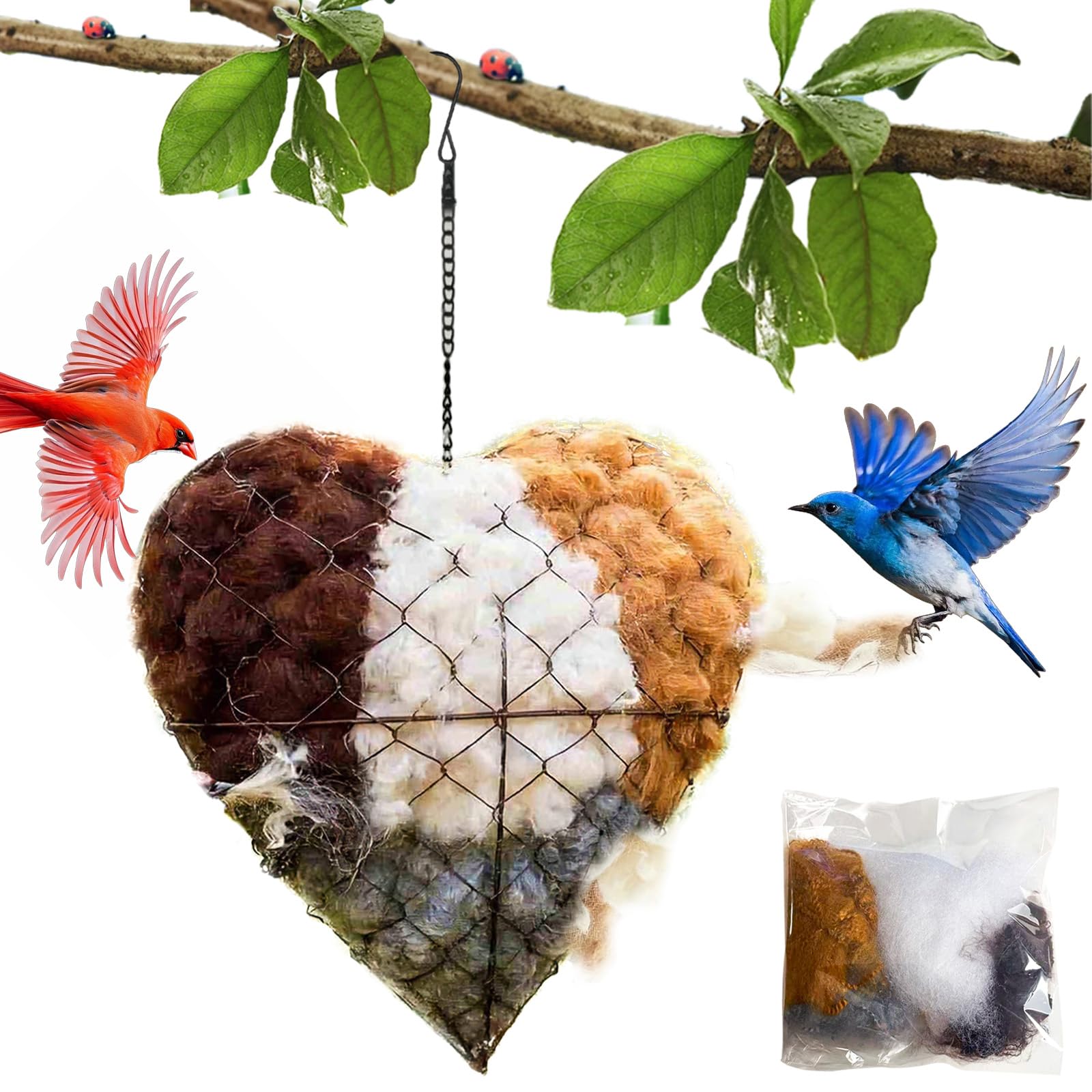 Corazón de anidación de pájaros de fibra hecho a mano, soporte de material de anidación con material de anidación, refugio de invierno para pájaros silvestres y colibríes, casa de pájaros y