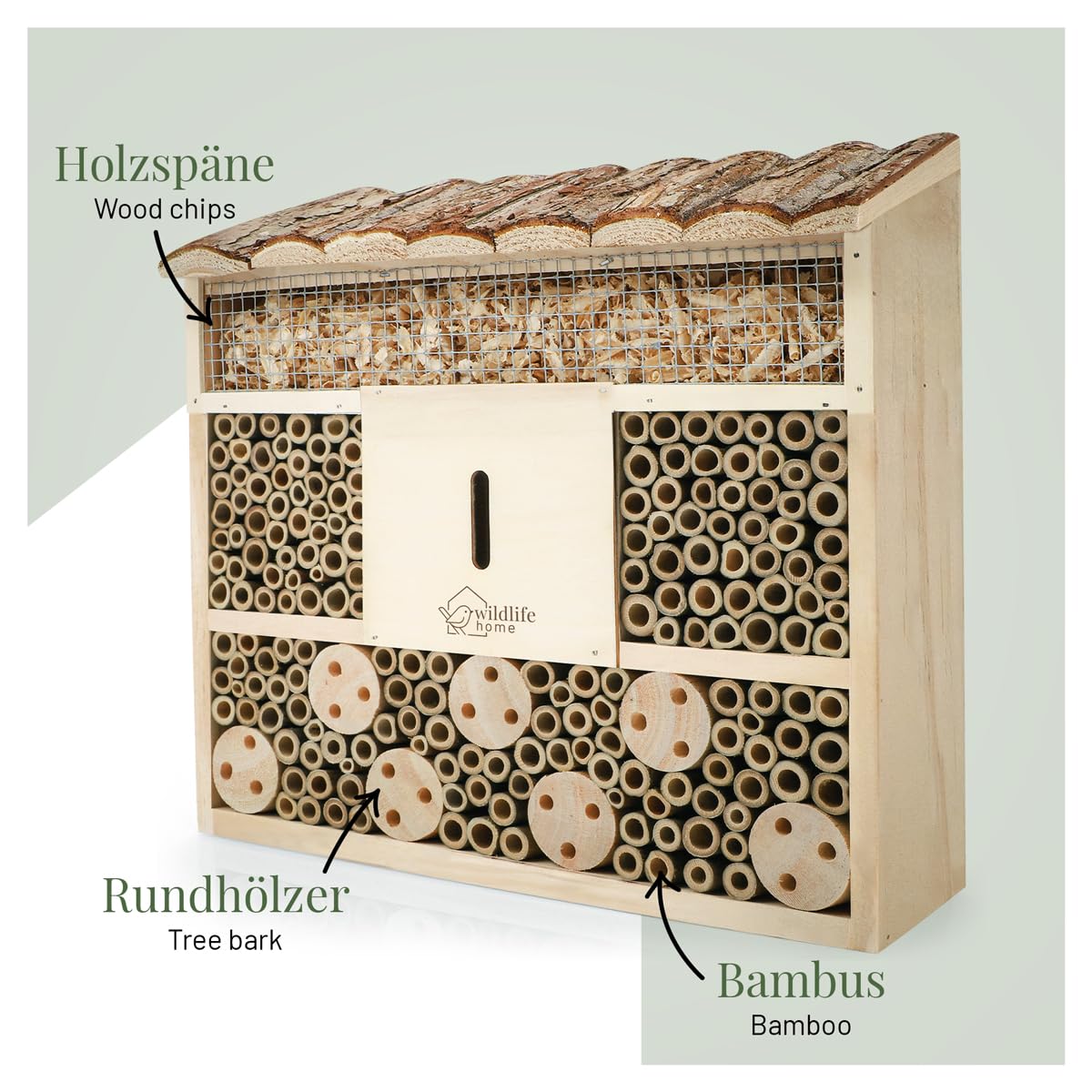 WILDLIFE HOME Hotel para insectos con techo de corteza I Sin tratar, casa de abejas de madera maciza para abejas, mariquitas y crisopas, casa de insectos I Nido para colgar hotel para insectos