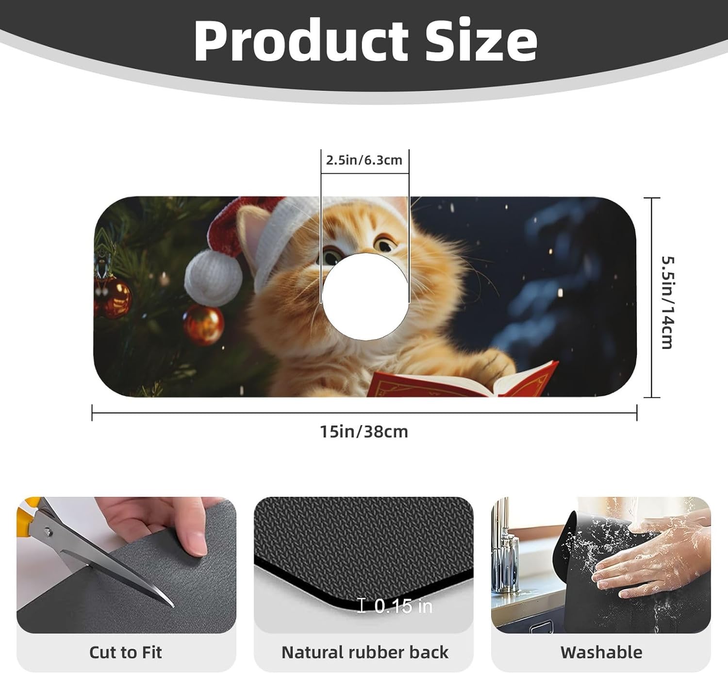 Faucet Mat for Kitchen Sink, Super Absorbent Sink Splash Guard, Fast Drying Mat Cute Cat Sing Christmas Carols Sink Gadgets Splash Guard Behind Faucet Drip Catcher for Bathroom, 15"x 5.5" image 2