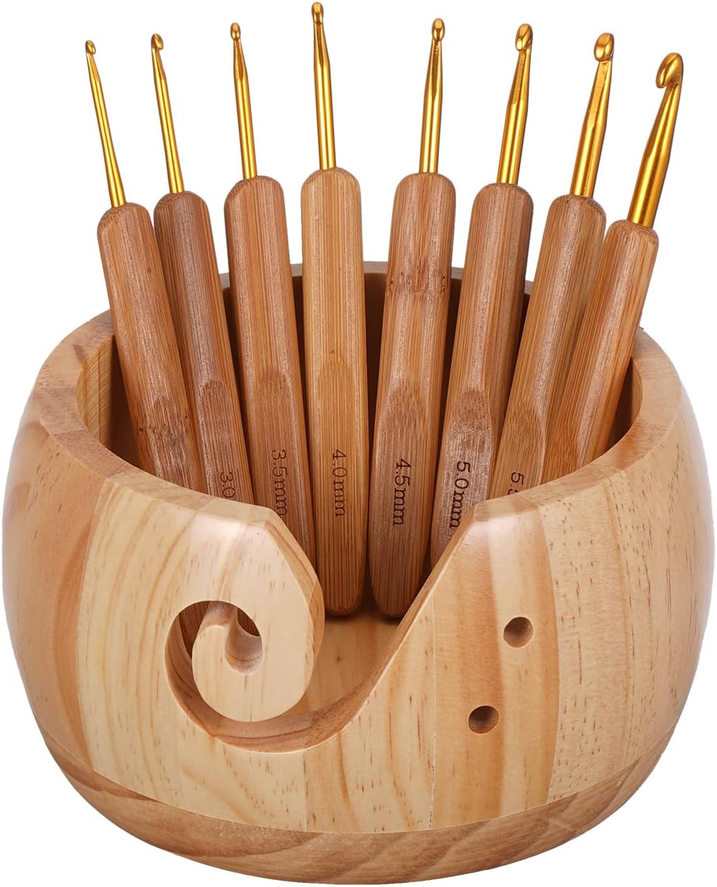Wooden Yarn Bowl with 8Pcs Metal Crochet Hooks, Knitting Yarn Bowl with Holes Storage Handmade to Prevent Slipping, Perfect Yarn Holder Bowl for Crocheting and Knitting Mother's Day Gift 5" x 3"