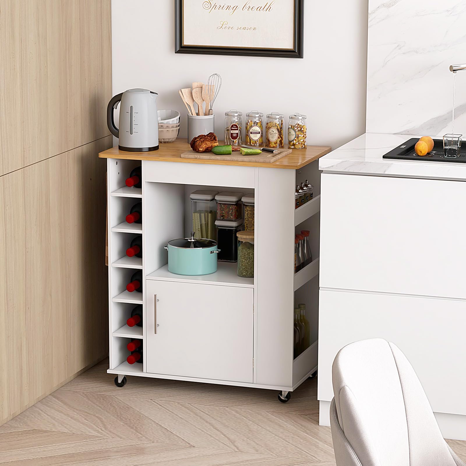 COSTWAY Carro Isla de Cocina con Toallero, Isla de Cocina sobre Ruedas con Tapa de Bambú, Estantes Ajustables para 6 Botellas de Vino, Estante para Especias para Comedor (Blanco)