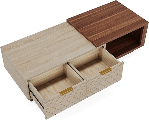 Miniatura 8 de Tribesigns - Mesa de centro extensible con 2 cajones de almacenamiento, mesa central de dos tonos con tablero deslizante, mesa de cóctel rectangular