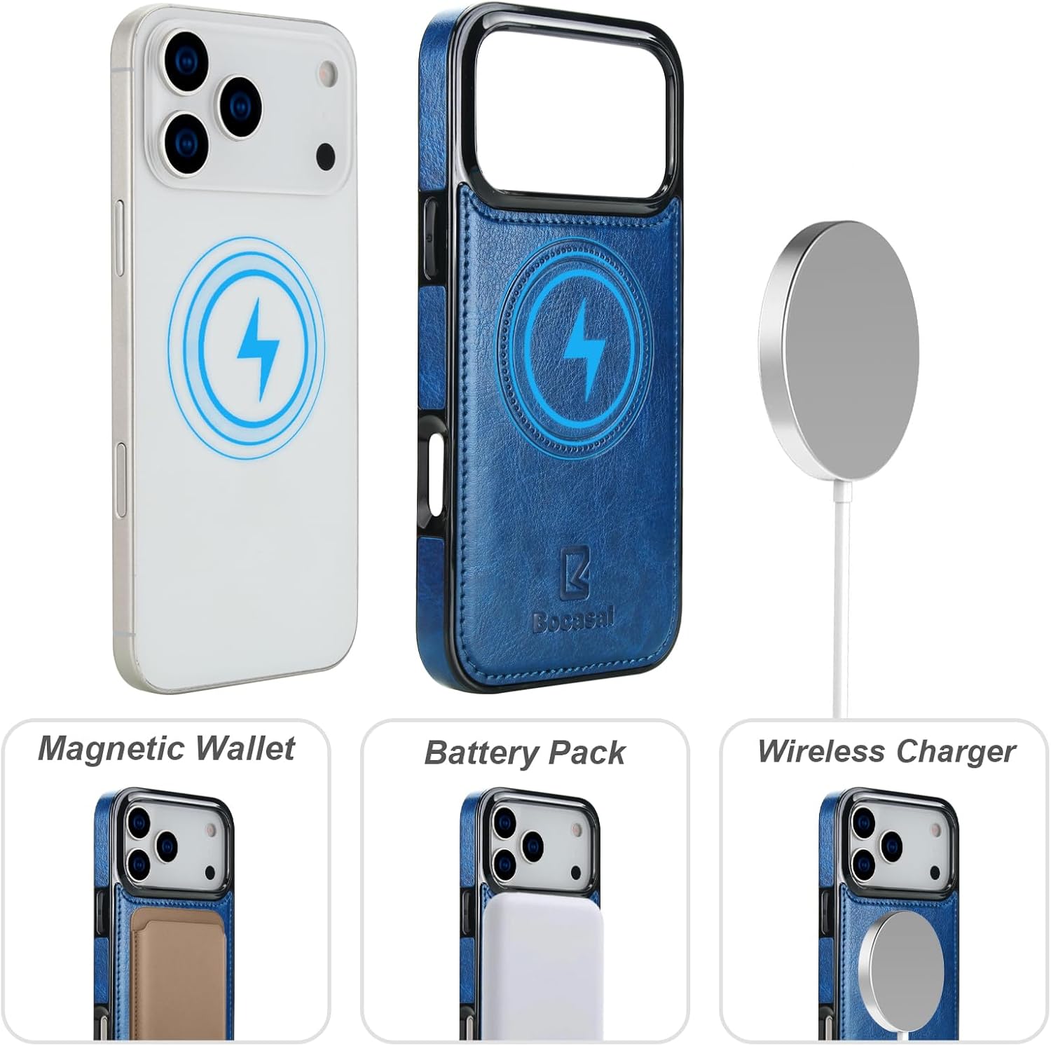 Bocasal for iPhone 17 Pro Max Wallet Case Compatible with MagSafe Wireless Charging, RFID Blocking Magnetic Leather Case with Card Slots Holder Kickstand Detachable Wrist Strap 6.9 Inch (Blue)