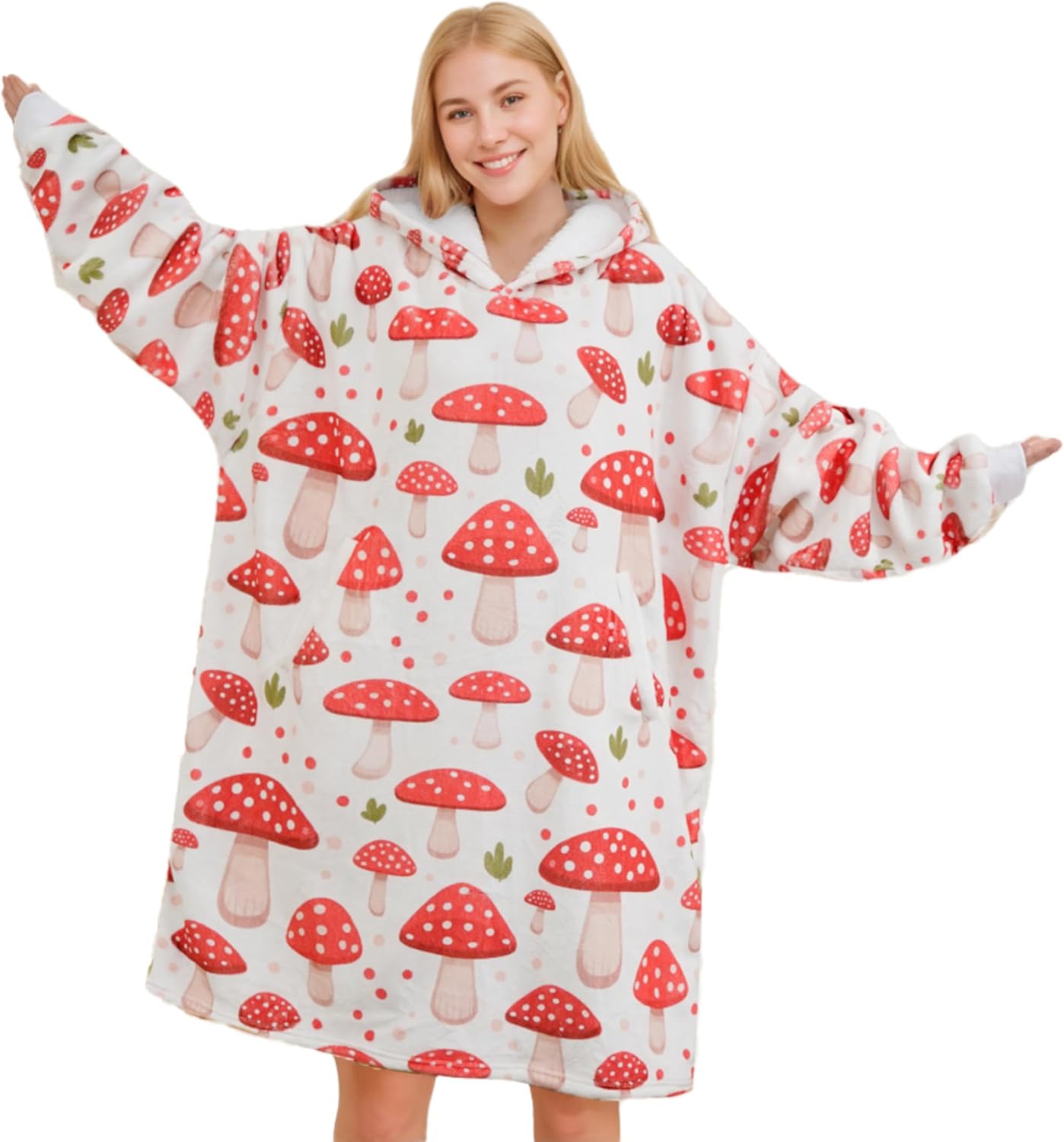 Mushroom Gifts for Women, Mushroom Lovers, Wearable Blanket Hoodies, Oversized Flannel Hooded Blankets, Gifts Ideal for Birthday, Christmas, One Size Fits All - Red Mushroom