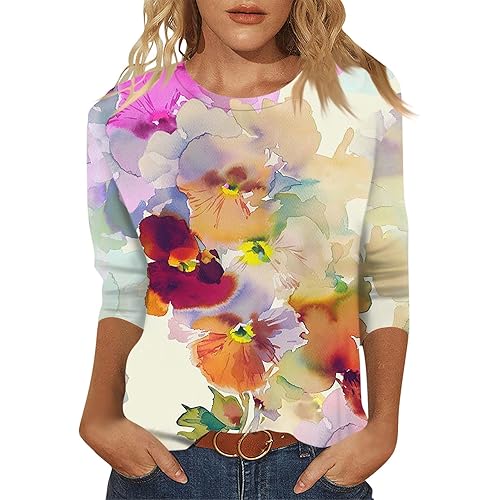 Womens Summer Tops Dressy 3/4 Sleeve Shirts Floral Print Tunic Blouses 2024 Womens Tops Casual Basic Tees