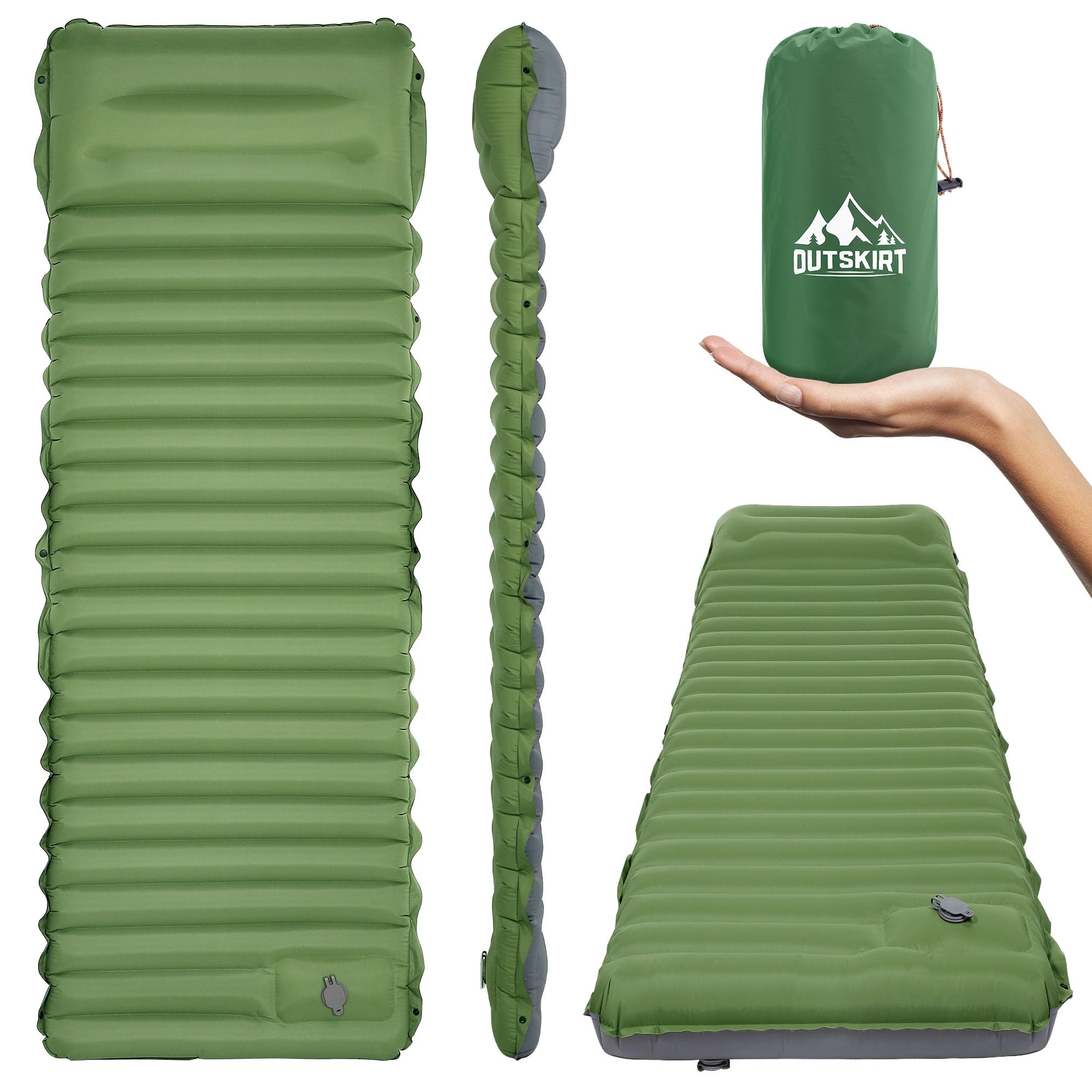 OUTSKIRT Sleeping Pad for Camping with Built-in Foot Pump, 4” Extra Thickness Inflatable Sleeping Pad, Lightweight & Ultra-Comfort Camping Mat for Hiking, Backpacking and Outdoor Adventures, Green