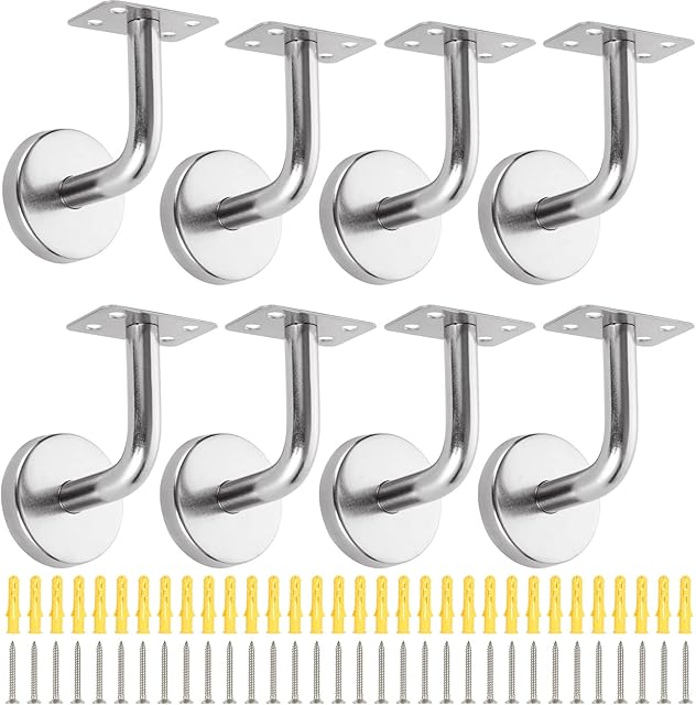 LOLYSIC 8 Pcs Handrail Brackets, Heavy Duty Stainless Steel Handrail Brackets for Stairs Handrails Bannister, Hand Rail Brackets with Screws & Expansion Tubes, Sliver