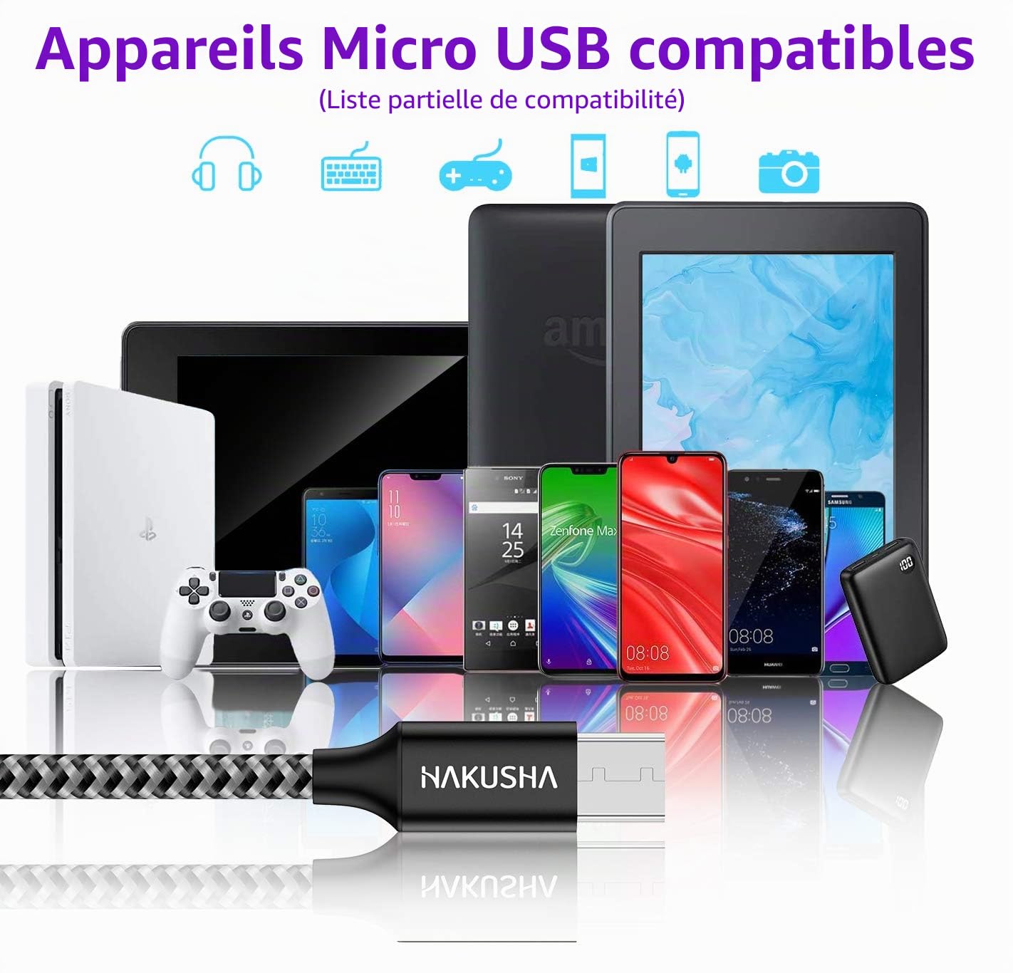 HAKUSHA Câble Micro USB, [2M] 3A Charge Rapide Câble Android Durable Câble de Chargeur de Téléphone Mobile en Nylon pour Samsung S7/S6/S5/J5/J7, Huawei, Nokia, Nexus, Sony, Tablette, PS4, Kindle