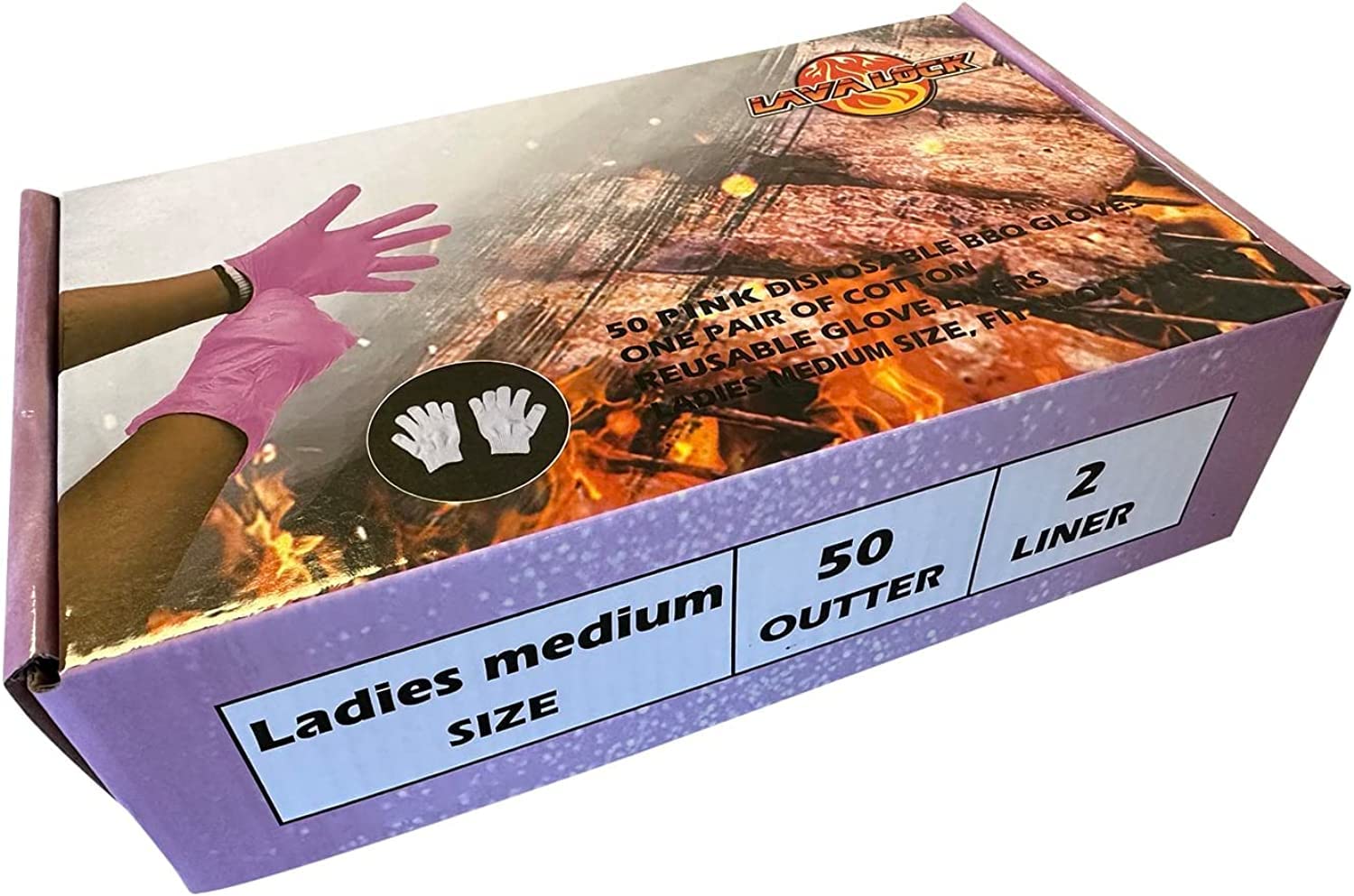 LavaLock Guanti usa e getta in nitrile per barbecue, con fodera in cotone, per cucinare all'aperto, grigliare, affumicatori e barbecue, per uso chef o cucina (misura media, 50 pezzi, rosa con cucchiai
