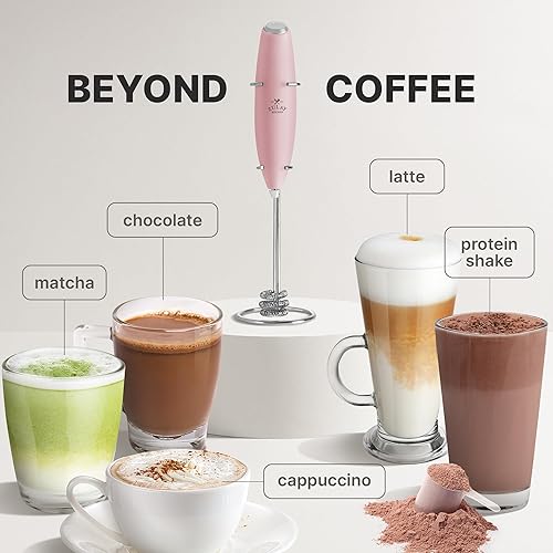 Vista 387 de Zulay Kitchen - Espumador de leche de mano con pilas AA Duracell: batidora de bebidas resistente para café, latte, capuchino y más, color aurora
