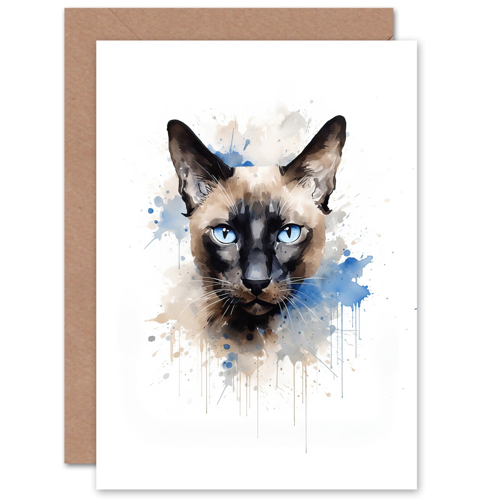 Artery8 Siamese Cat Lovers Gift Watercolour Pet Portrait Painting Artwork Sealed Greeting Card Plus Envelope Blank inside