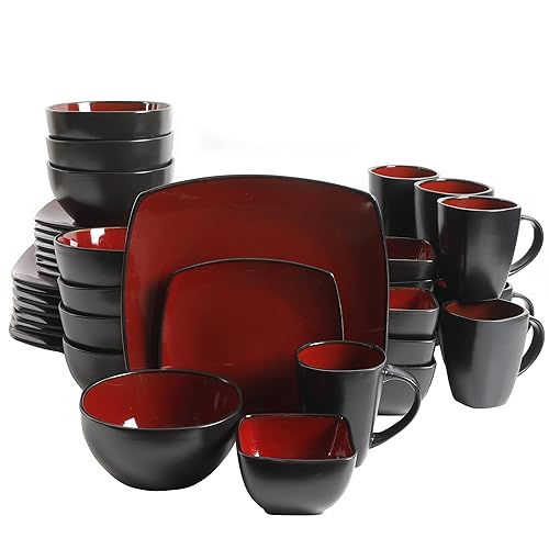 Gibson Soho Lounge Square Reactive Glaze Stoneware Dinnerware Set, Service for 8 (40pc), Red/Black - Red/Black - Service for 8 (40pcs)