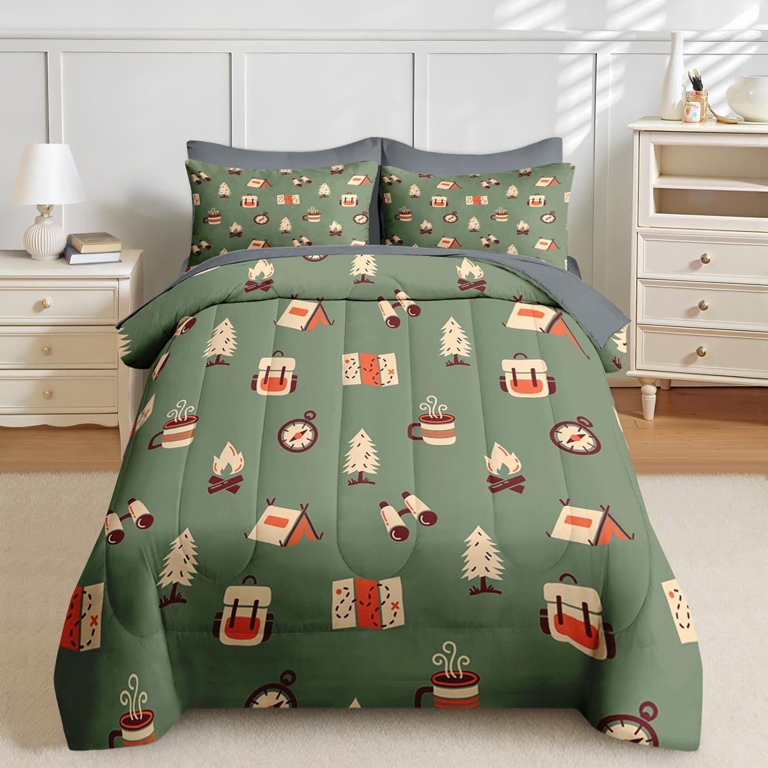 Nesker 7 Pcs Comforter Set Full Size, RV Camping Camper Vintage Bedding Set for Kids and Adults, Adventure Map Retro Bed Sheet Sets with Fitted Sheet 2 Pillowcases & 2 Shams