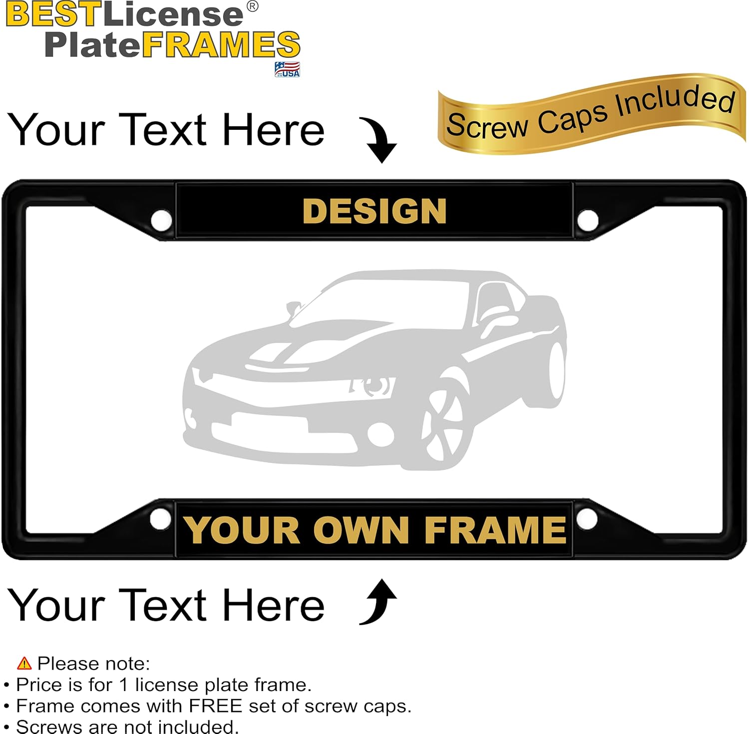 Custom Personalized Black and Gold | 1960 Legacy | CAR Metal 4-Hole License Plate Frame with Free caps (Qty: 1 Frame)