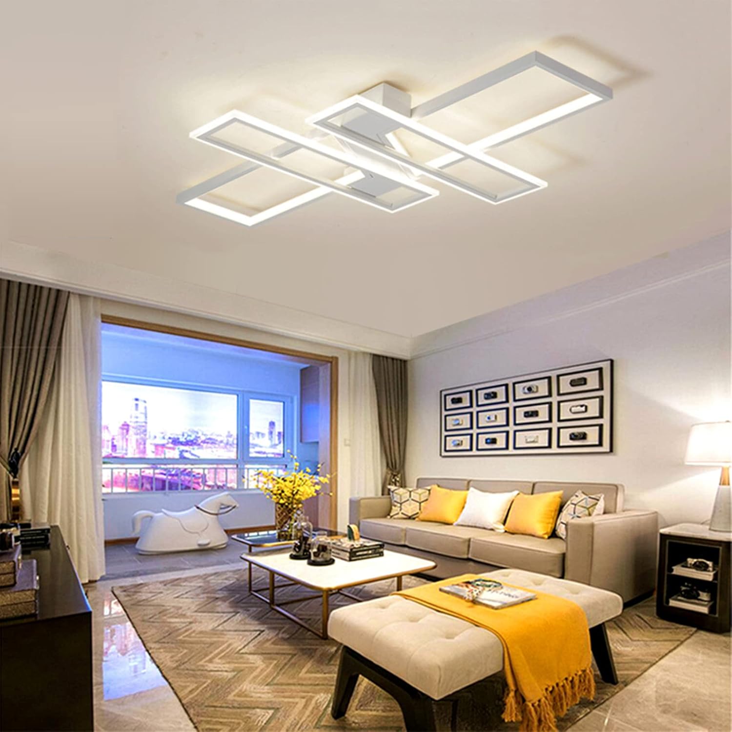 Modern LED Ceiling Lights Fixture, Dimmable Close to Ceiling Light, with Remote Control Diningroom Lamp, Flush Mount Geometric LED Ceiling Lamp for Bedroom Livingroom (47.2IN, White)