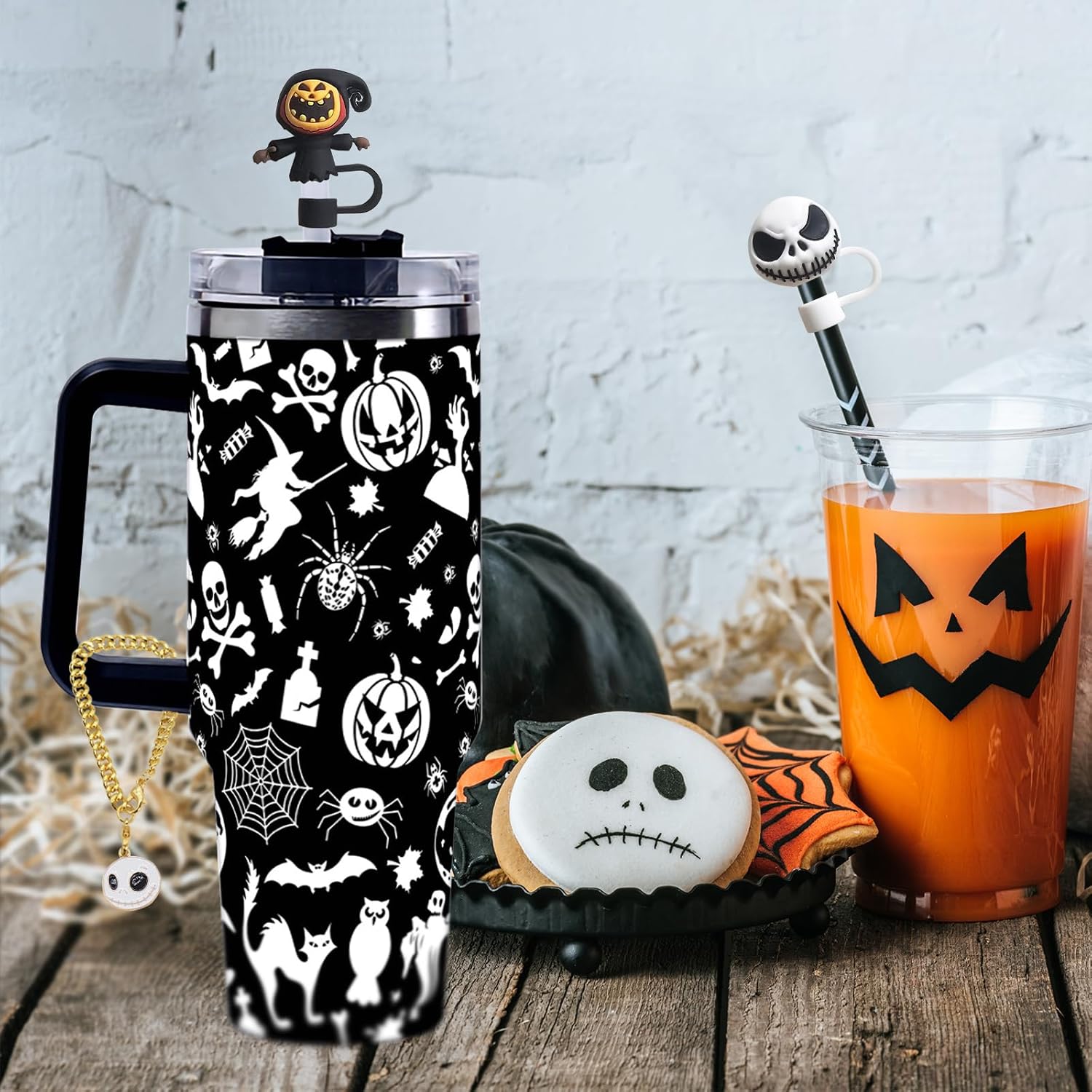 4 pcs Halloween Cute Silicone Straw Topper 10mm for Stanley Cups,Halloween Charms Chain for Stanley Tumbler with Handle,Stanley Cup Accessories (Ghostface+Scarecrow) - Image 6