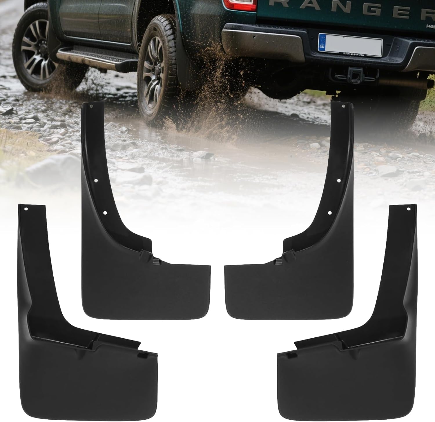 Heavy Duty Mud Flaps for 2019-2023 Ford Ranger ，Front & Rear Splash Guards, 4-Piece ABS Plastic Mud Flaps, No-Drill Easy Installation