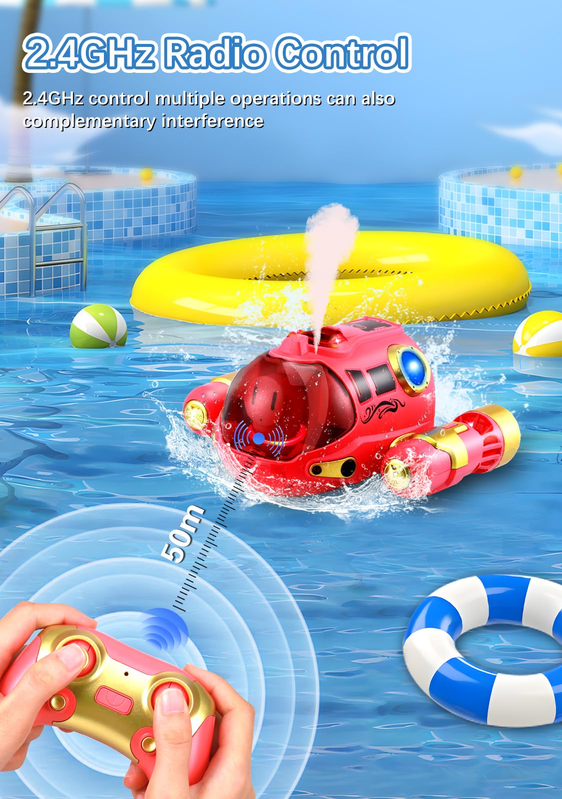 Barco Teledirigido Niños, Barco RC con Spray/luz de luz, Lancha Teledirigida con 2 Baterías Recargables, 2.4GHz RC Juguete Barco para Piscinas y Lagos, Regalo para niños y niñas