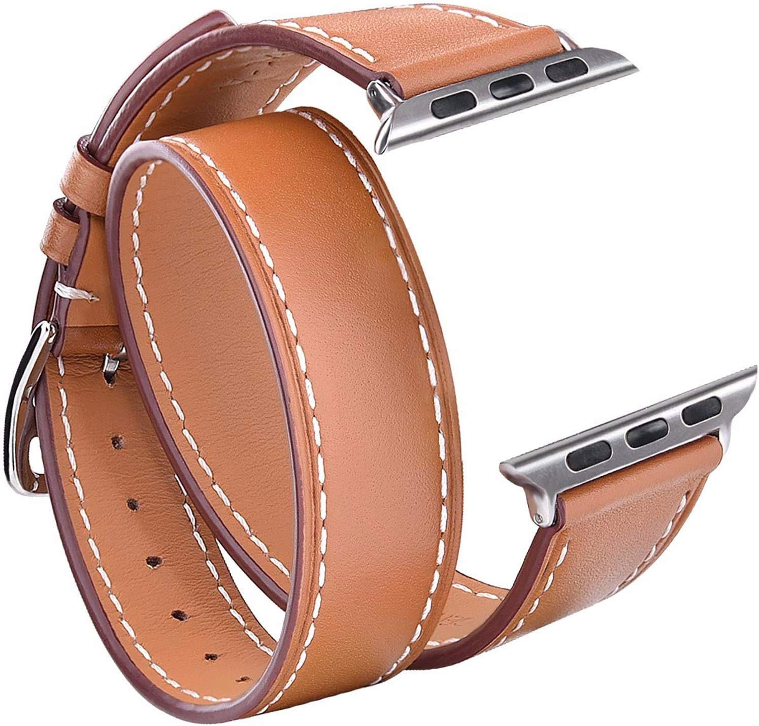 Speidel 38mm Luxury Brown Genuine Leather Double Tour Band With Stainless Steel Adapters and Buckle compatible for use with the Apple watch series 1,2,3,4,5 and 6