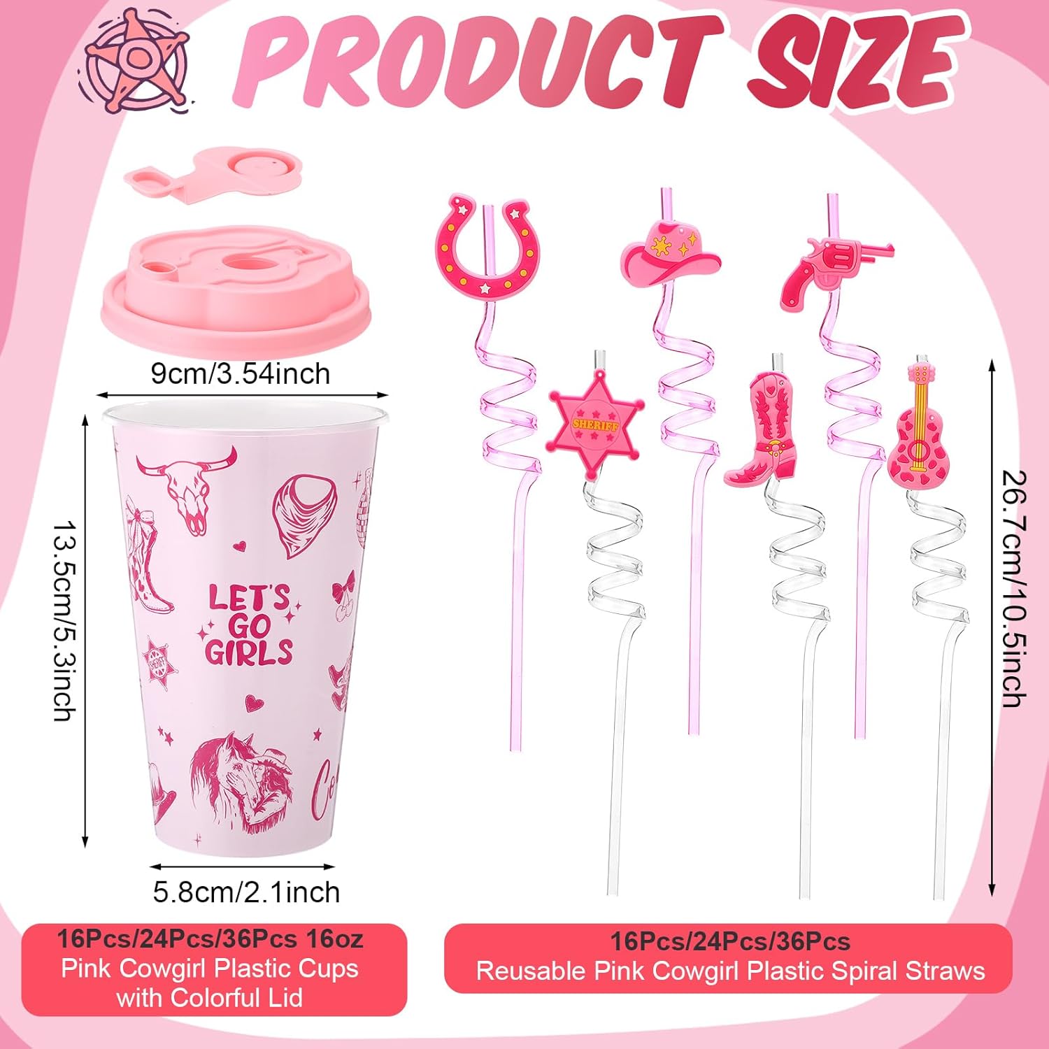 Yungyan 24 Sets Pink Cowgirl Party Favors Goodie Cups with Lids and Straws for Halloween Party Decorations Reusable 16oz Plastic Candy Cups Plastic Straws for Birthday Gift(Pink Cowgirl) - Image 2