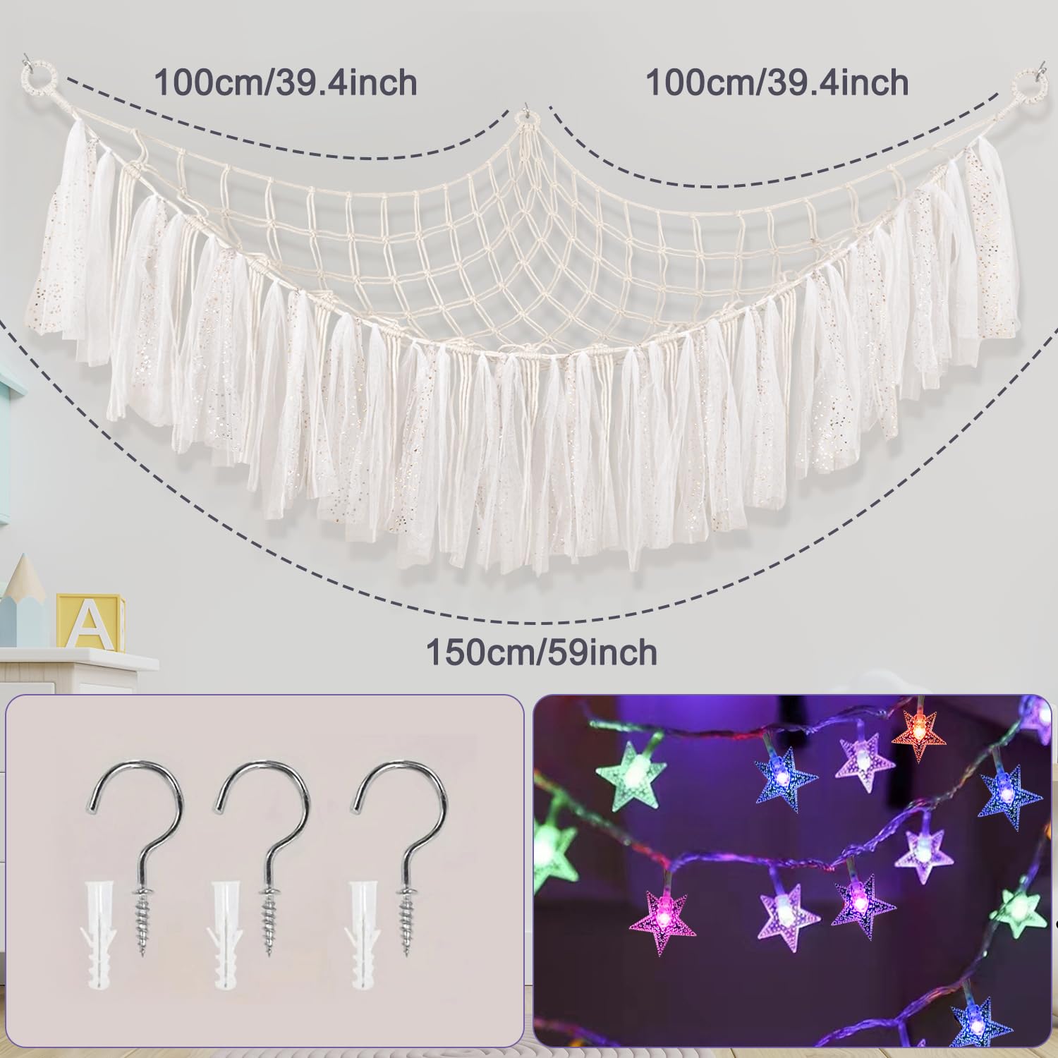 Teddy Hammock with LED Light, Boho Decor Plush Toy Storage Net, Teddy Bear Soft Toy Storage - Image 3