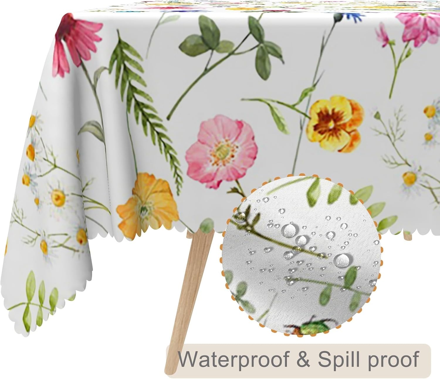 70x70inches Spring Floral Square Tablecloth Colorful Wild Flowers with Green Leaves Decorative Table Cloth Spillproof Table Cover for Dinning Room Kitchen Picnic Indoor Outdoor Party Decor