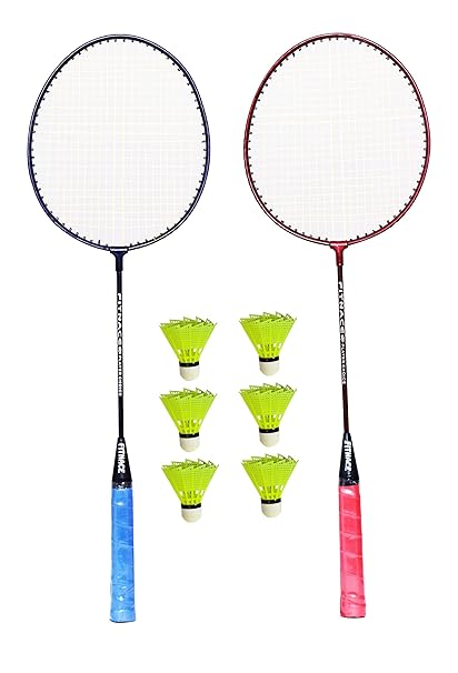 FITNACE Badminton Racket with Free 6 SHUTTLES, Set of 2 PC Aluminium Badminton Racquet (Red, Blue)