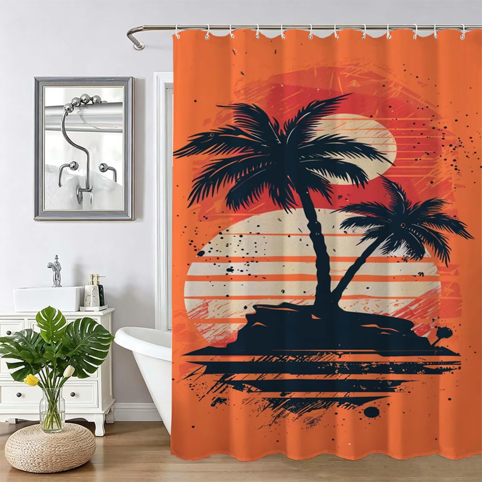 Tenda Doccia in Poliestere Arancione bruciato,Tende per Doccia Extra Lunga 180x240cm,palme da cocco Tenda Vasca da Bagno Tessuto Lavabile,Facile da Pulire 12 Ganci,Decorazione per Bagno,Hotel Z-482