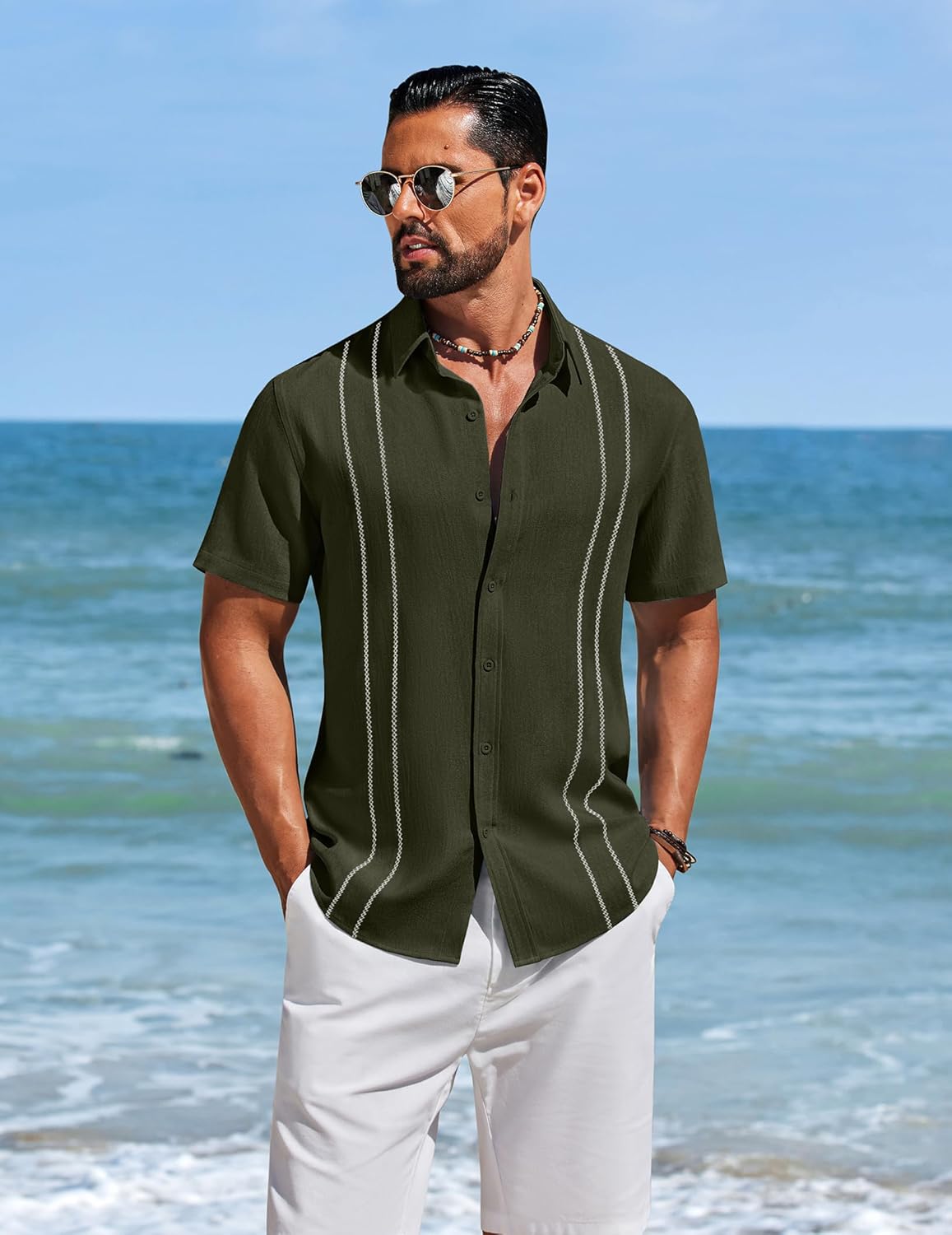 COOFANDY Men's Cuban Guayabera Shirts Button Down Short Sleeve Shirt Casual Linen Summer Beach Shirts - Image 3