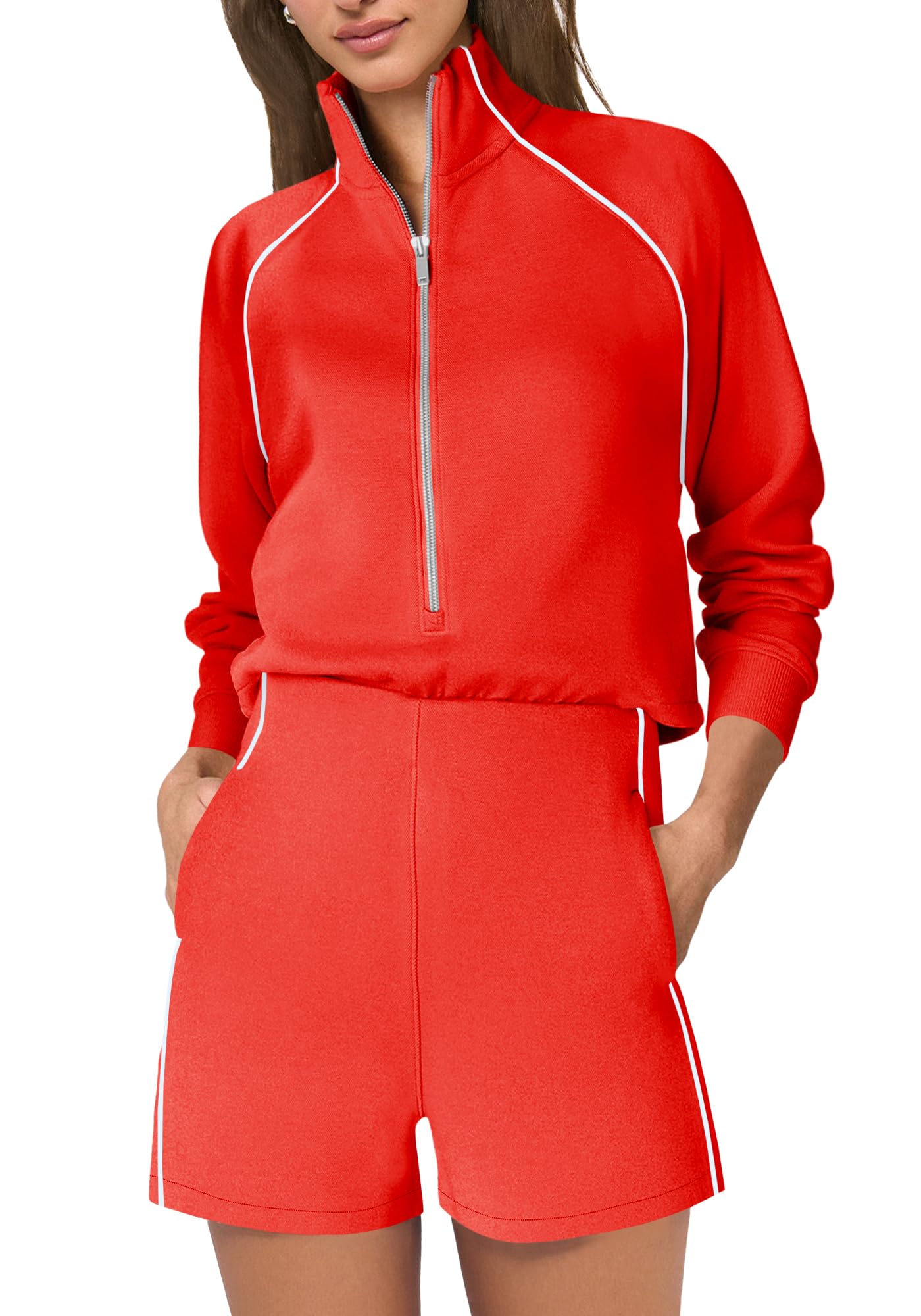 Womens Long Sleeve Romper One Piece Jumpsuits Mock Neck Wide Leg Shorts Fall Outfits with Zipper & Pockets-image-44