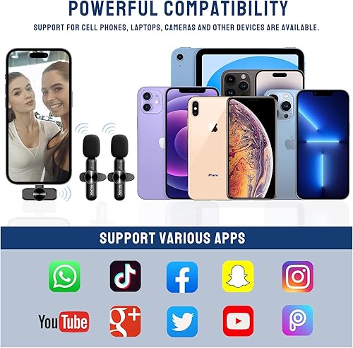 Miniatura 7 de Micrófono inalámbrico para iPhone, micrófono inalámbrico profesional dual para iPhone iPad, micrófono inalámbrico Plug-Play para grabación de video,
