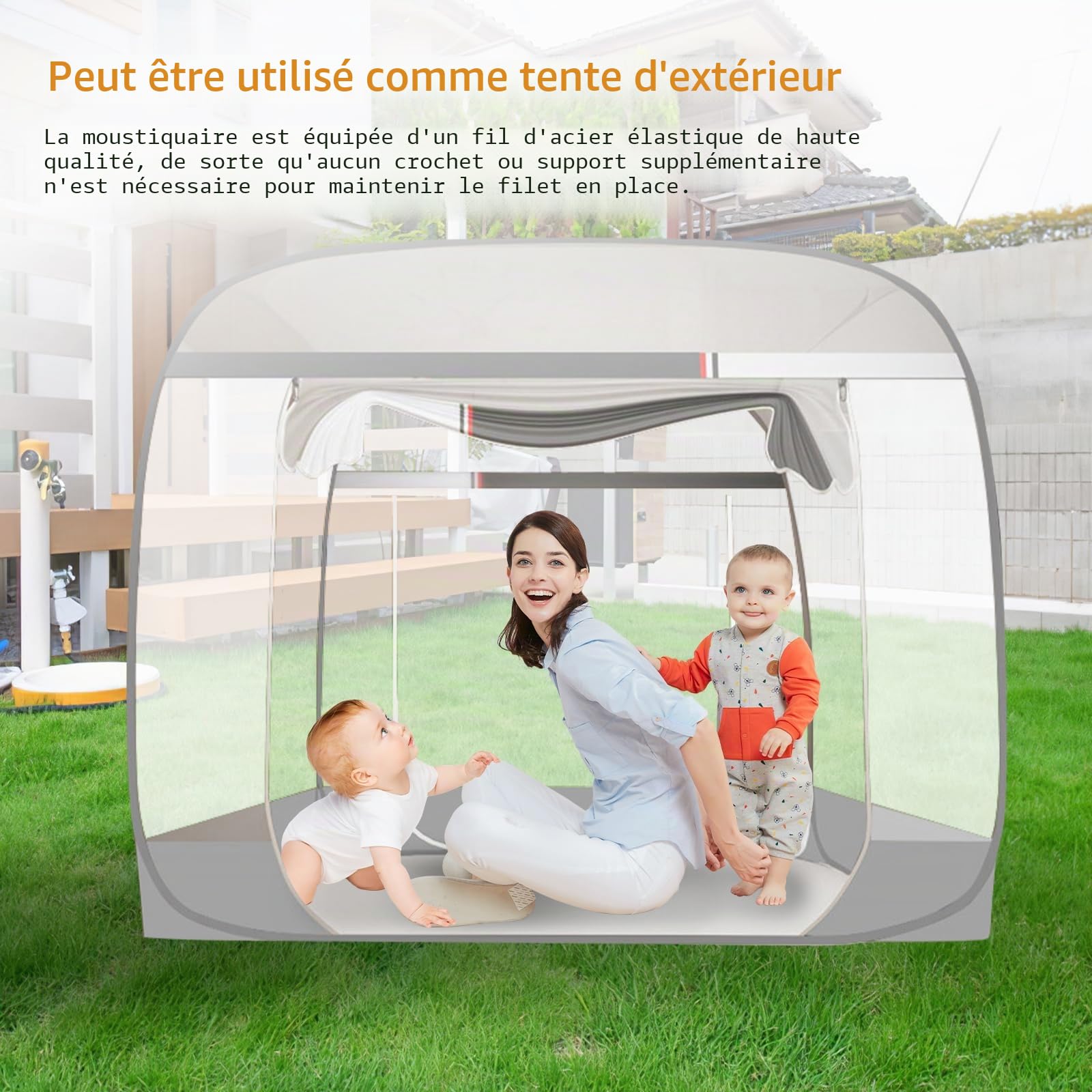 Moustiquaire pop-up pliable - Tente de lit - Grand filet anti-moustiques - Rideau de camping avec sol pour sol de lit, camping, voyage, montage facile - 1,8 x 2 m - Gris