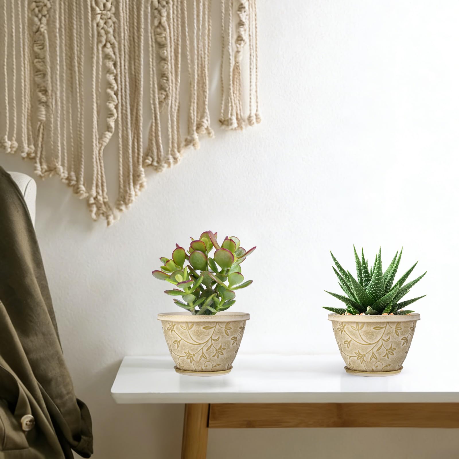 Nooulap Maceta de 8 pulgadas con agujero de drenaje, paquete de 4 macetas de plástico para plantas de interior y exterior, maceta pequeña decorativa para escritorio, balcón y jardín (beige)
