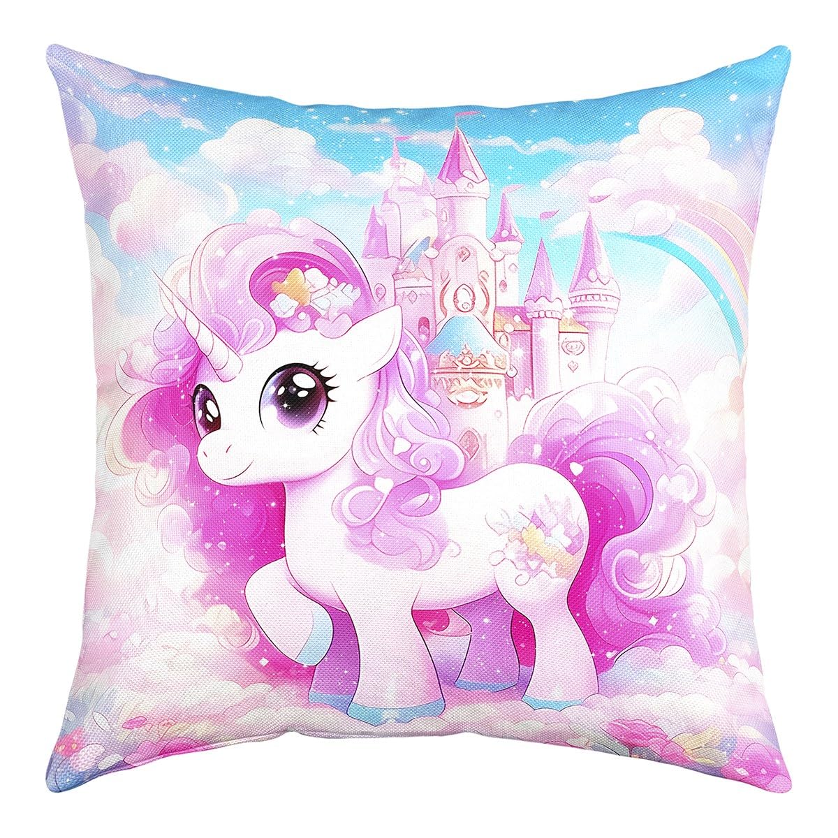 Pink Unicorn Girls Throw Pillow Cover Cartoon Castle Colorful Rainbow Cushion Cover for Kids Teens Adults Cute Cartoon Dreamy Animal Cushion Case for Living Room Bed 18x18 Inch
