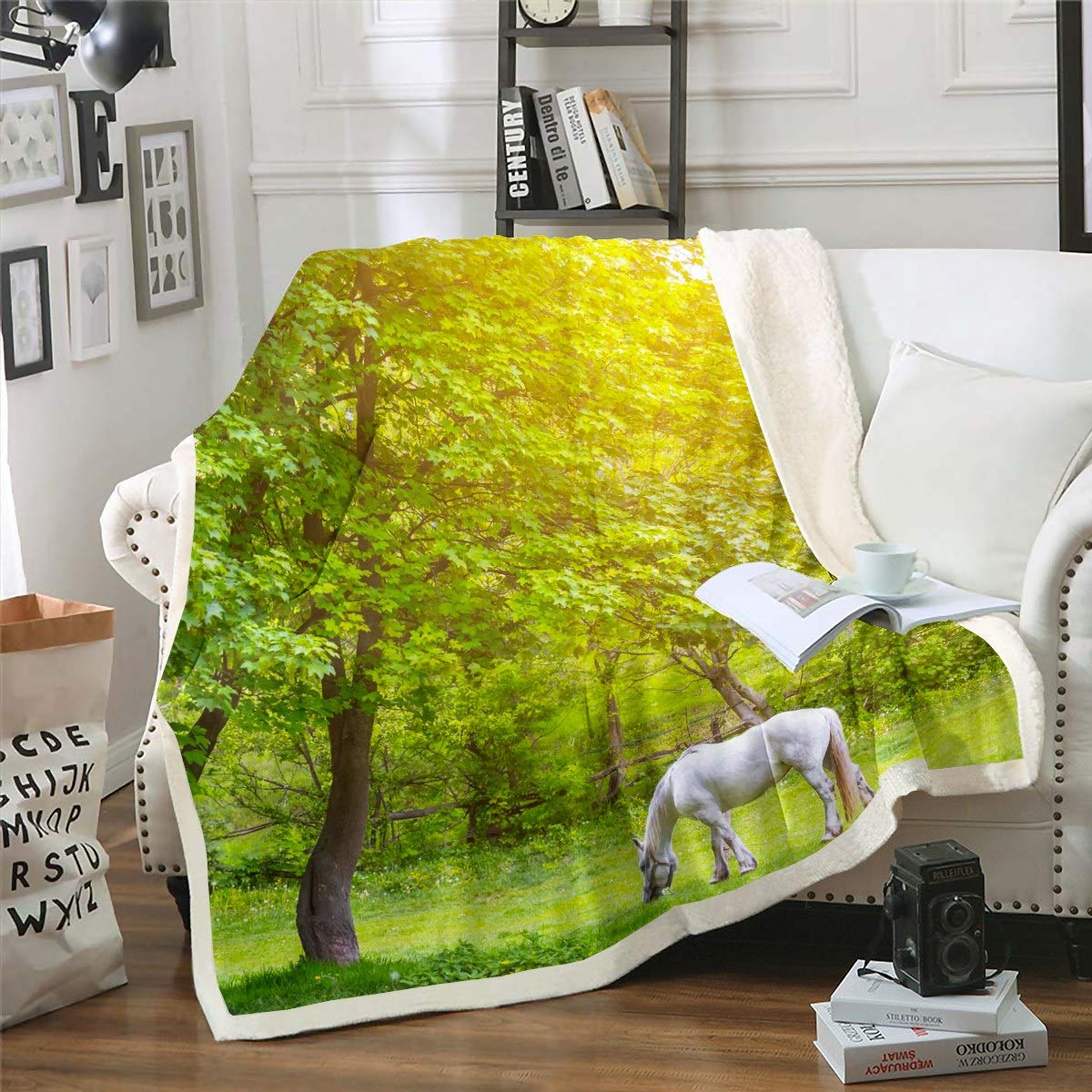 Loussiesd White Horse Galloping Horse Printed Fleece Throw Blanket for Sofa Bed 3D Wild Animal Pattern Sherpa Blanket Green Tree Room Decor Farmhouse Theme King 87x94 Inch