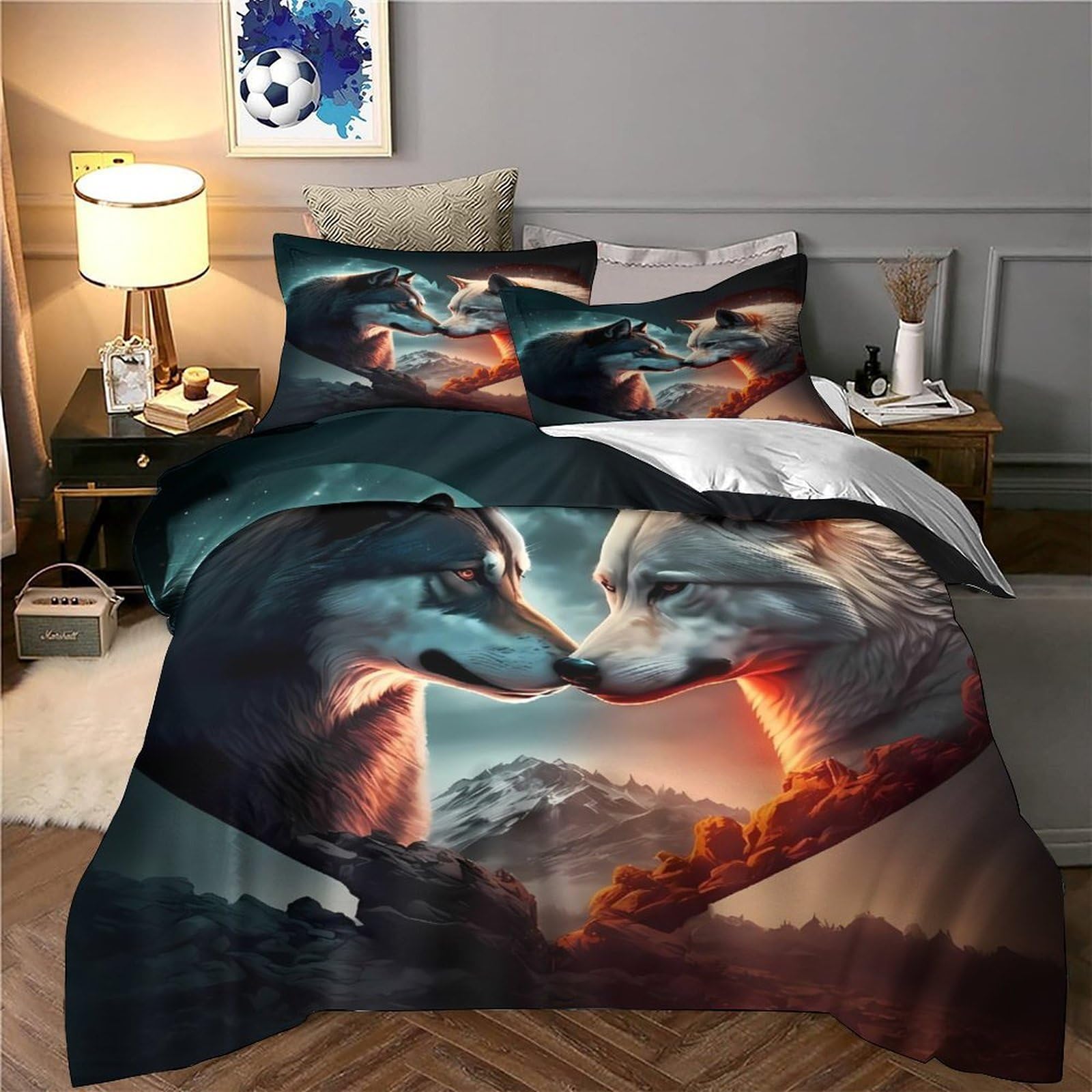3D Druck Wolf Pärchen Bettbezug Mikrofaser Schlafzimmer Deko Wolf Kunst Bettwäsche Set Hautfreundlich Atmungsaktiv Erwachsene Jugendliche Super King（260x220cm）
